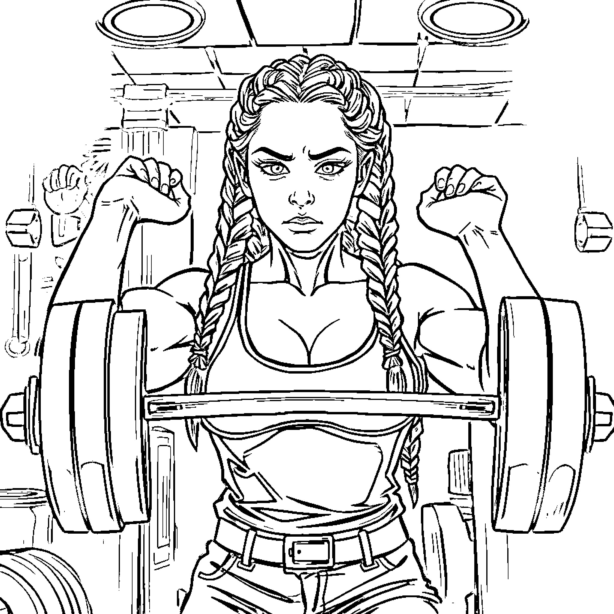 Wednesday Adams Lifting Weights in Fitness Gym Coloring Page (free black-and-white line drawing printable PDF for all, from beginners to advanced learners, including children, teens, adults, and seniors)