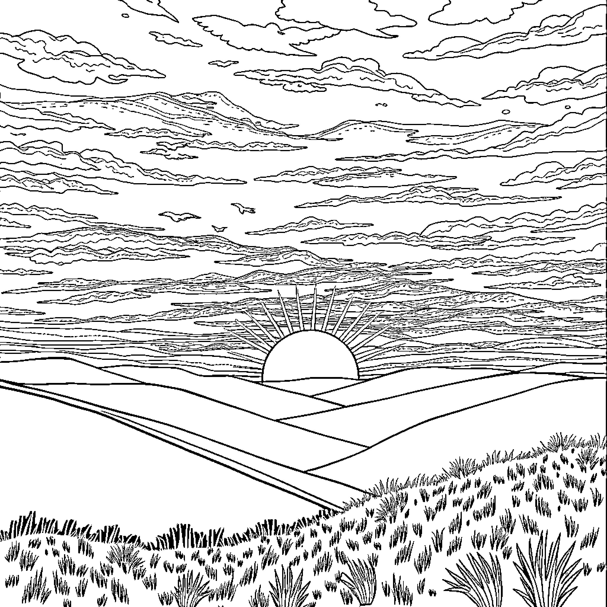 Sunset over the Peaceful Landscape Coloring Page (free black-and-white line drawing printable PDF for all, from beginners to advanced learners, including children, teens, adults, and seniors)