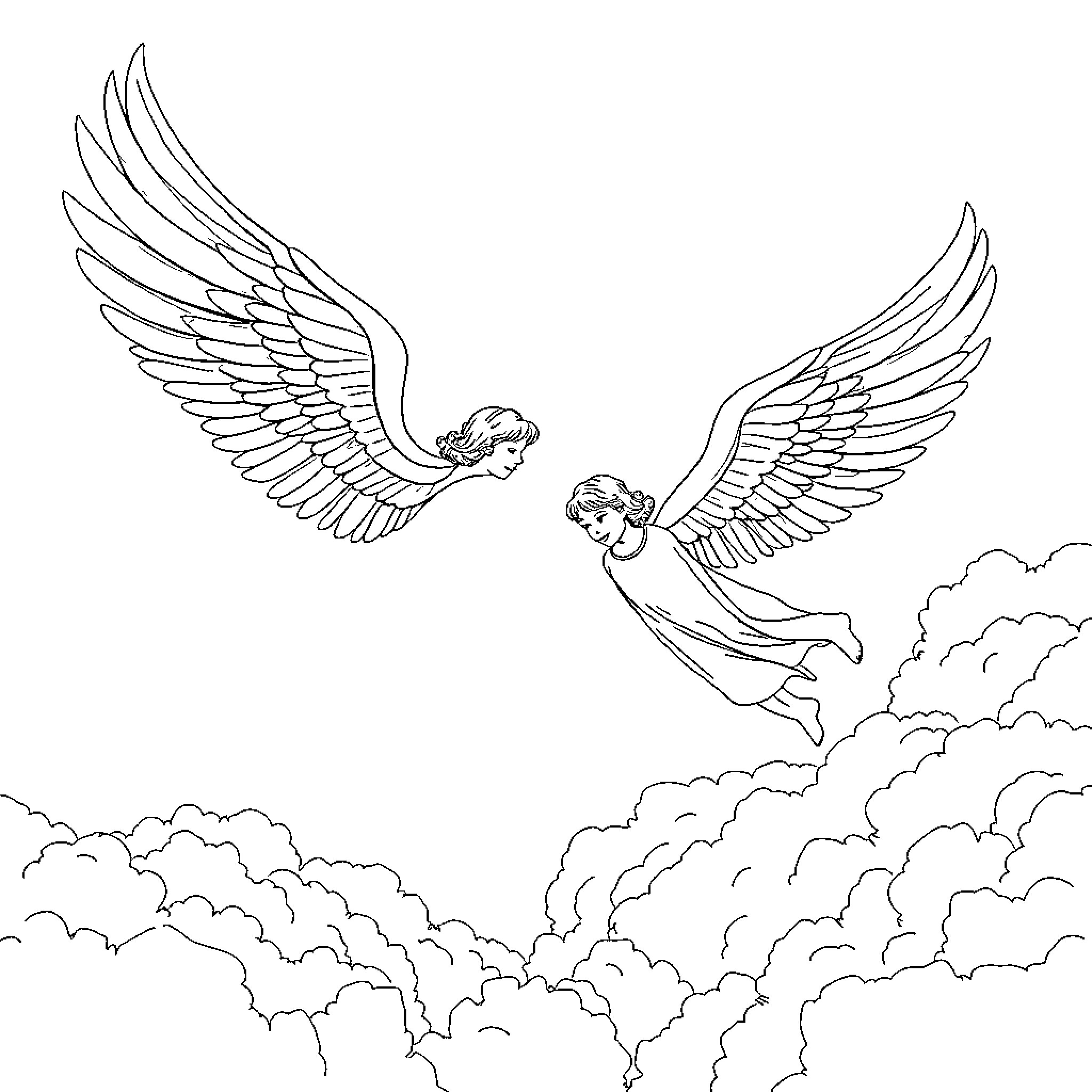Angel figures soaring through cloudy skies Coloring Page (free black-and-white line drawing printable PDF for all, from beginners to advanced learners, including children, teens, adults, and seniors)