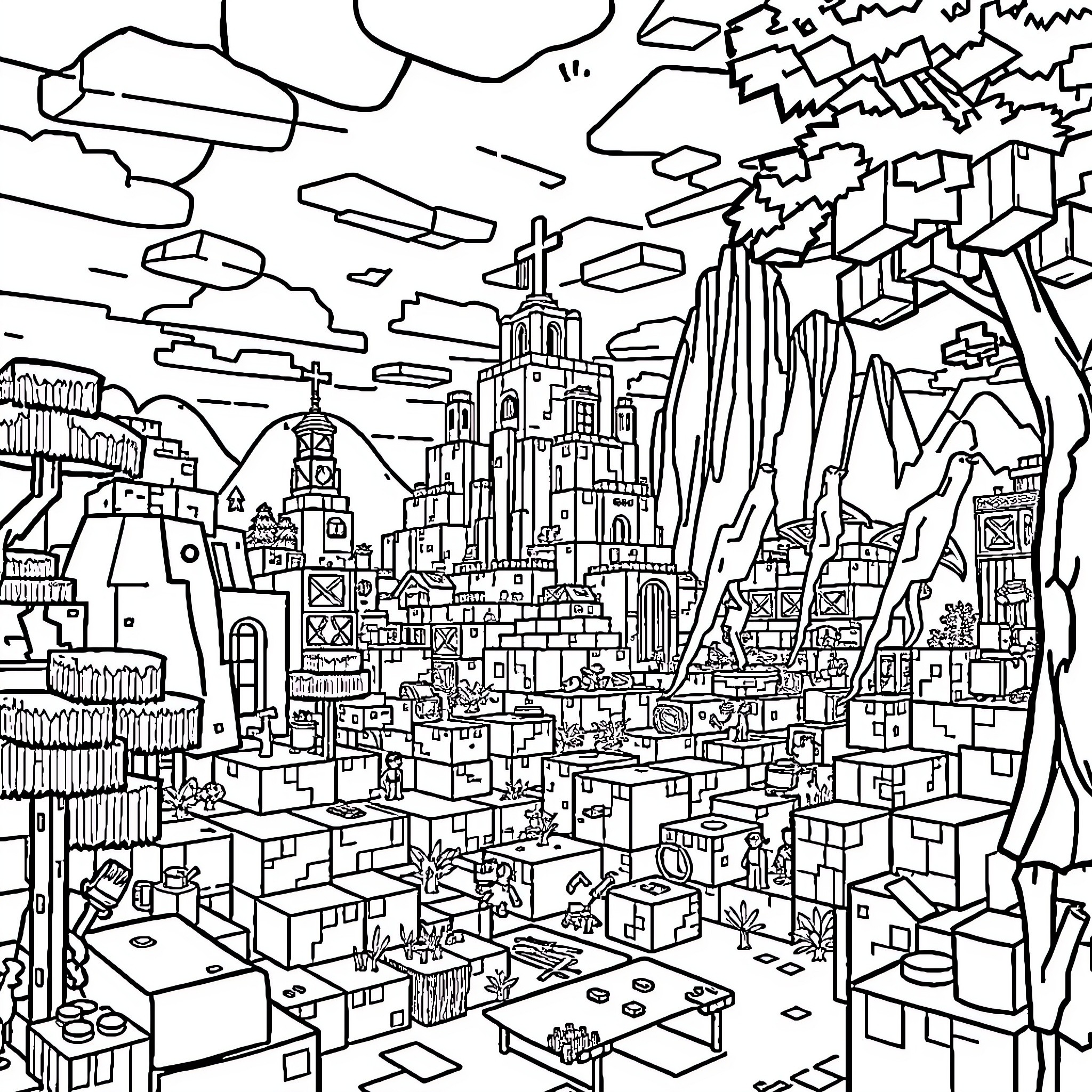 Minecraft Cityscape with Towering Structures Coloring Page (free black-and-white line drawing printable PDF for all, from beginners to advanced learners, including children, teens, adults, and seniors)