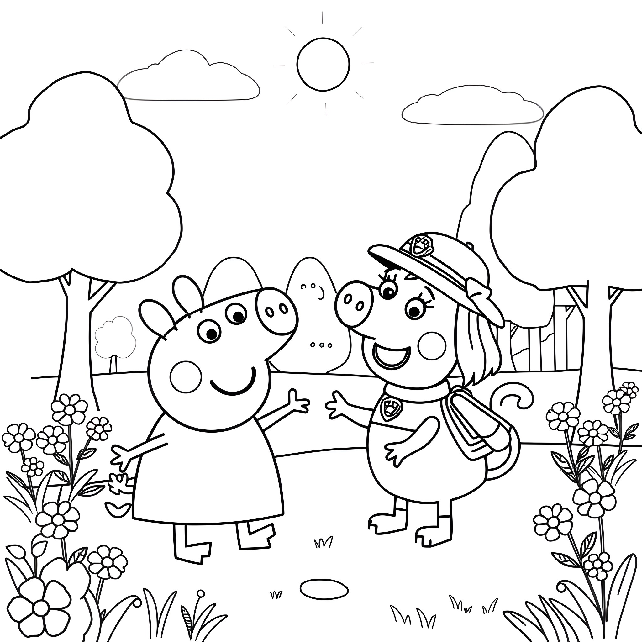 Peppa Pig and friends playing in the park Coloring Page (free black-and-white line drawing printable PDF for all, from beginners to advanced learners, including children, teens, adults, and seniors)