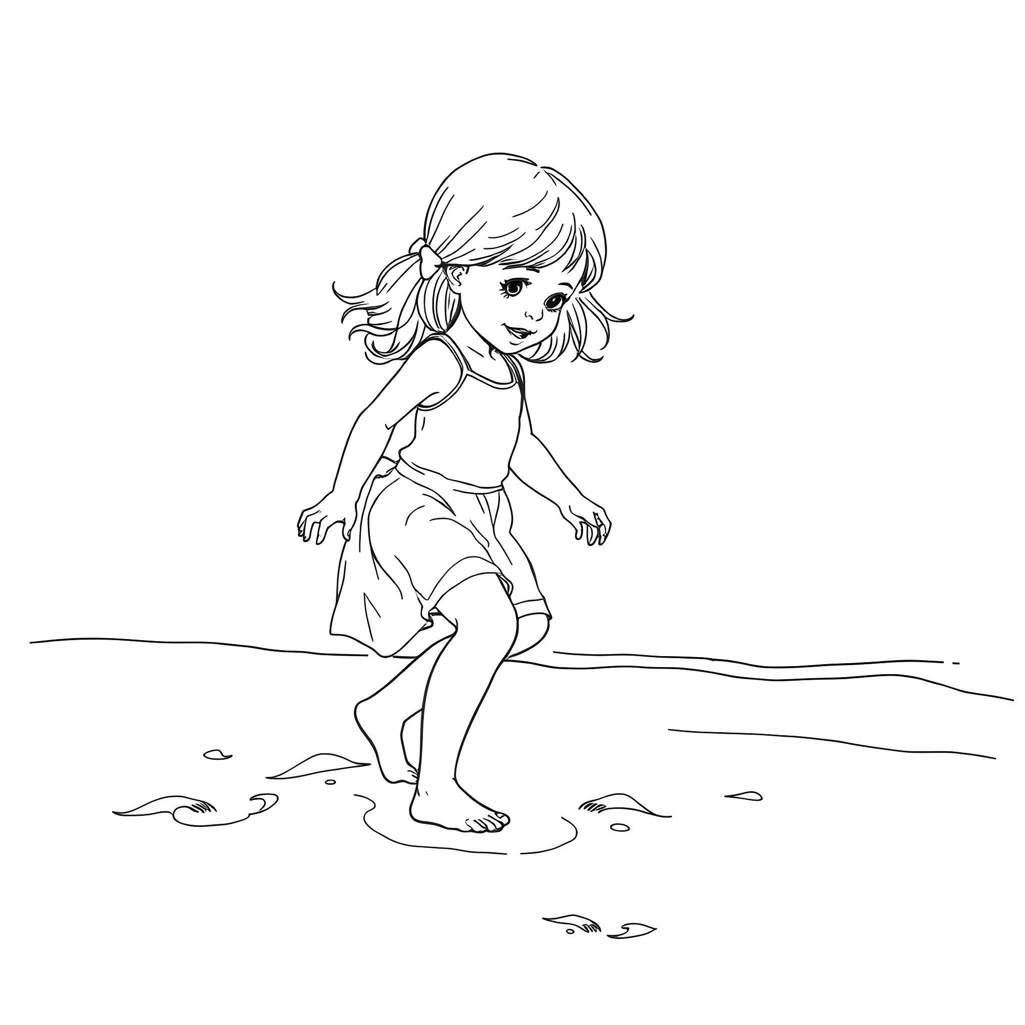 Girl playing in the waves on the beach Coloring Page (free black-and-white line drawing printable PDF for all, from beginners to advanced learners, including children, teens, adults, and seniors)