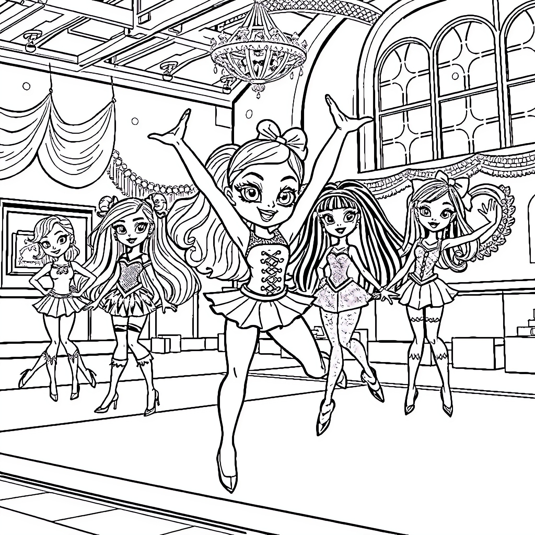 Gabby's Enchanted Dance Recital Coloring Page (free black-and-white line drawing printable PDF for all, from beginners to advanced learners, including children, teens, adults, and seniors)