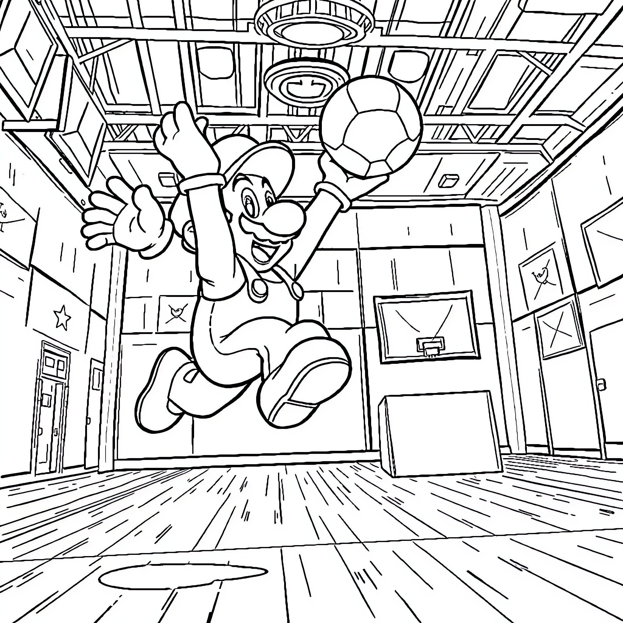 Super Mario Jumping Joyfully in Sports Court Coloring Page (free black-and-white line drawing printable PDF for all, from beginners to advanced learners, including children, teens, adults, and seniors)