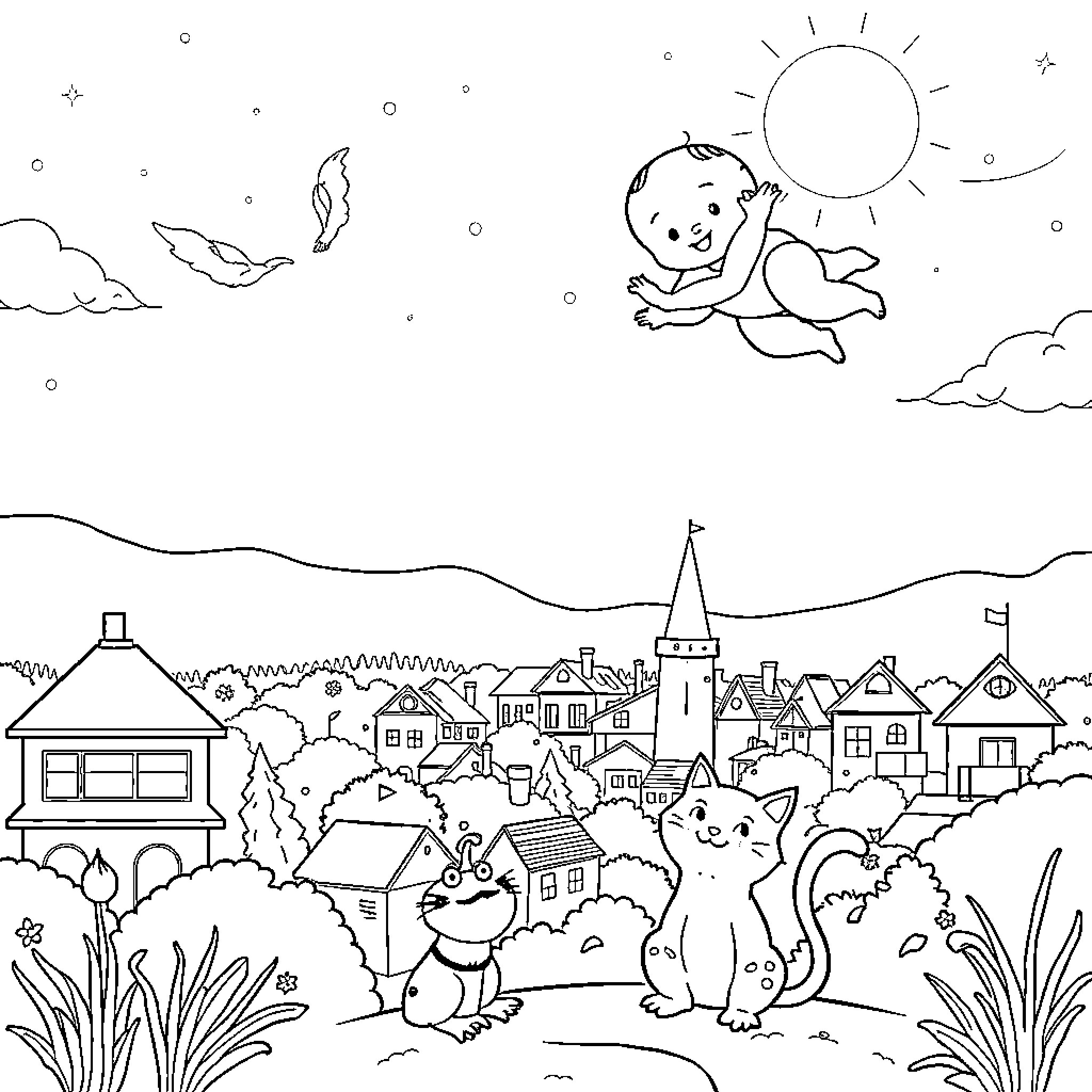 Baby exploring an idyllic town landscape Coloring Page (free black-and-white line drawing printable PDF for all, from beginners to advanced learners, including children, teens, adults, and seniors)
