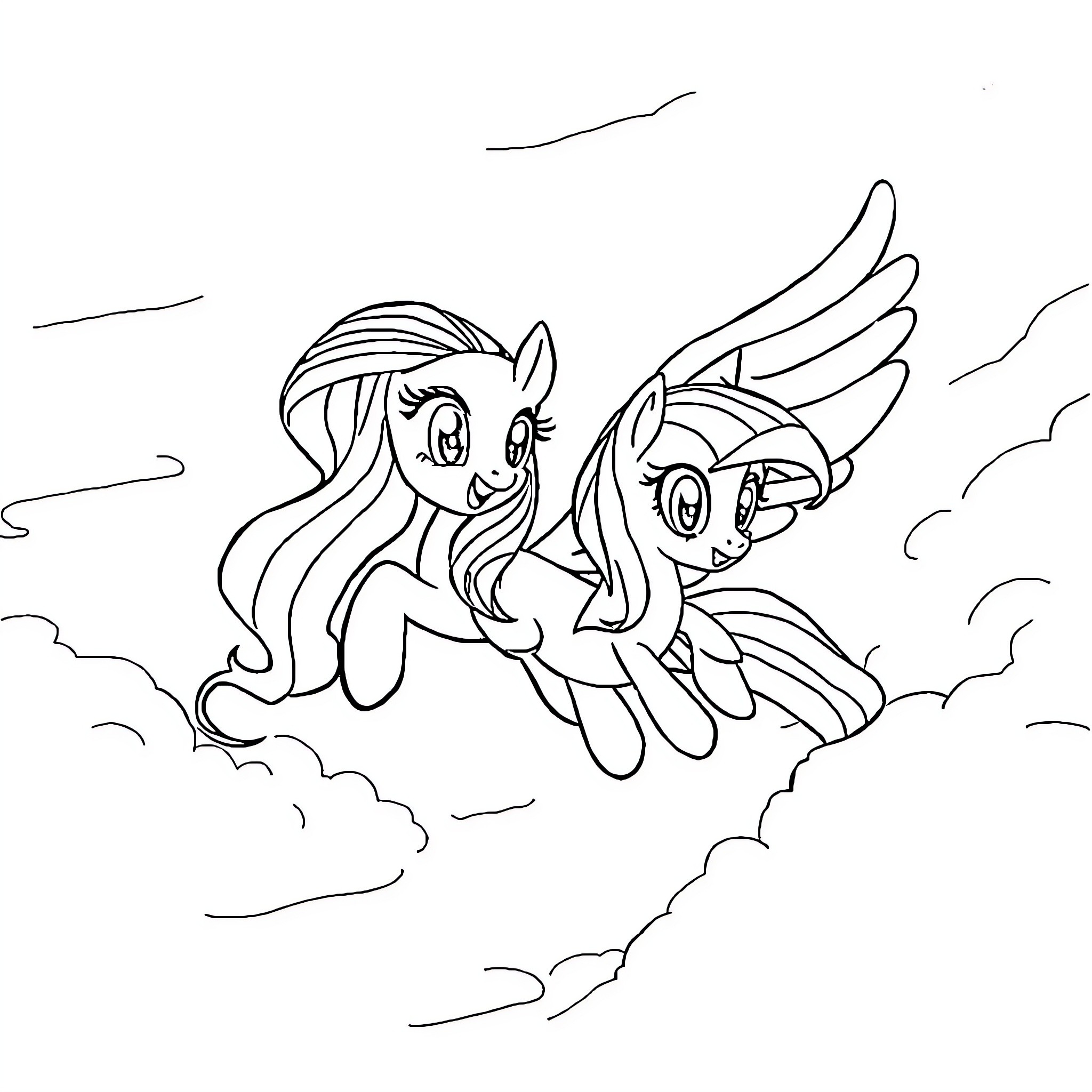 Twilight Sparkle flying high with friend Coloring Page (free black-and-white line drawing printable PDF for all, from beginners to advanced learners, including children, teens, adults, and seniors)