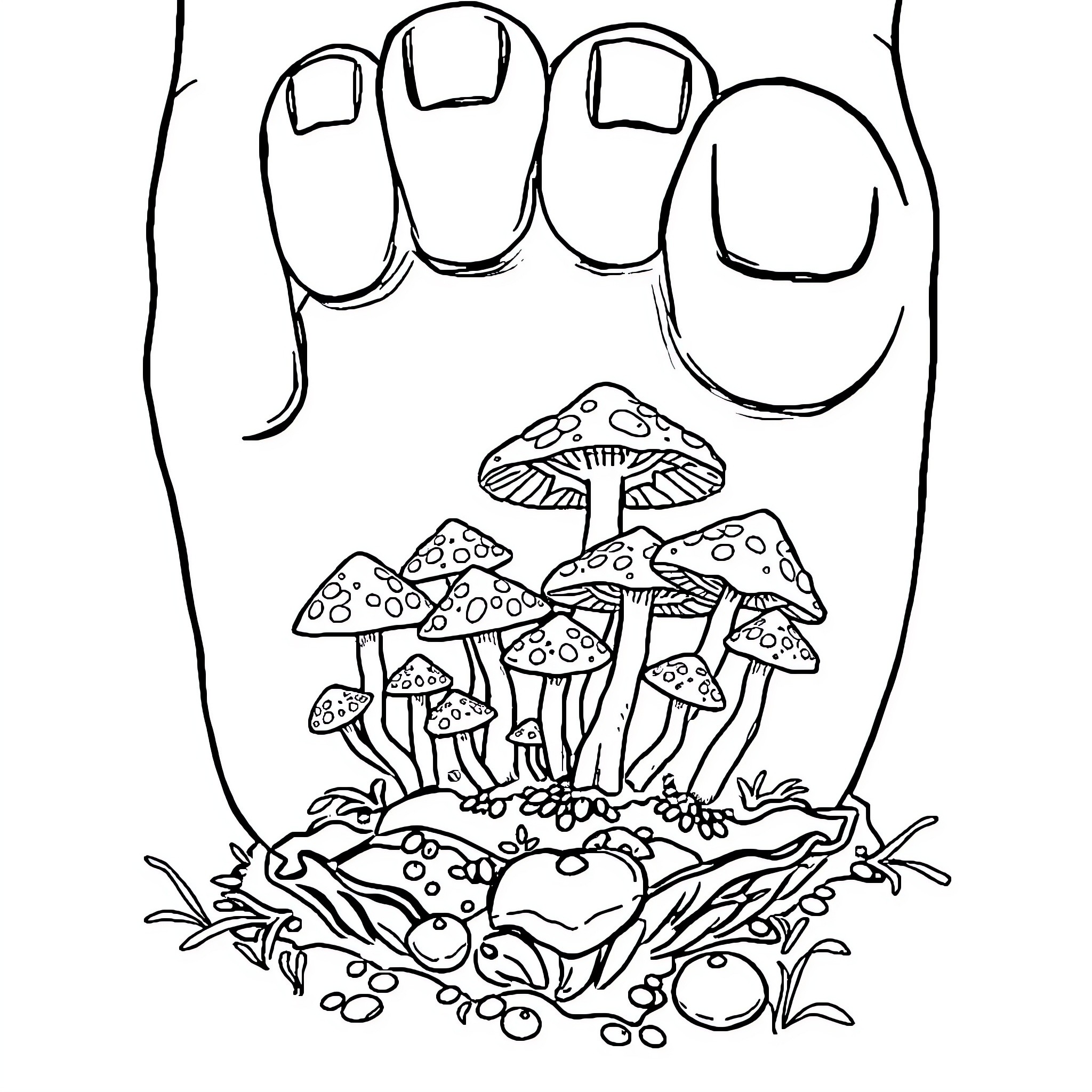 Fungus gathering amongst the undergrowth Coloring Page (free black-and-white line drawing printable PDF for all, from beginners to advanced learners, including children, teens, adults, and seniors)