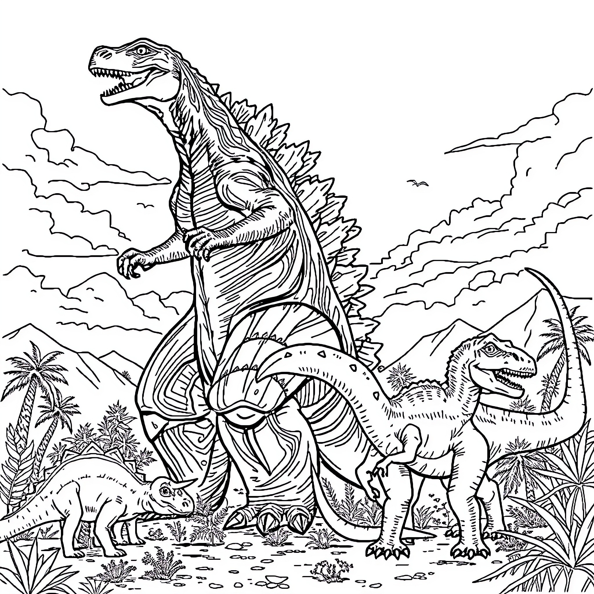 Godzilla facing off against other dinosaurs in the wild Coloring Page (free black-and-white line drawing printable PDF for all, from beginners to advanced learners, including children, teens, adults, and seniors)