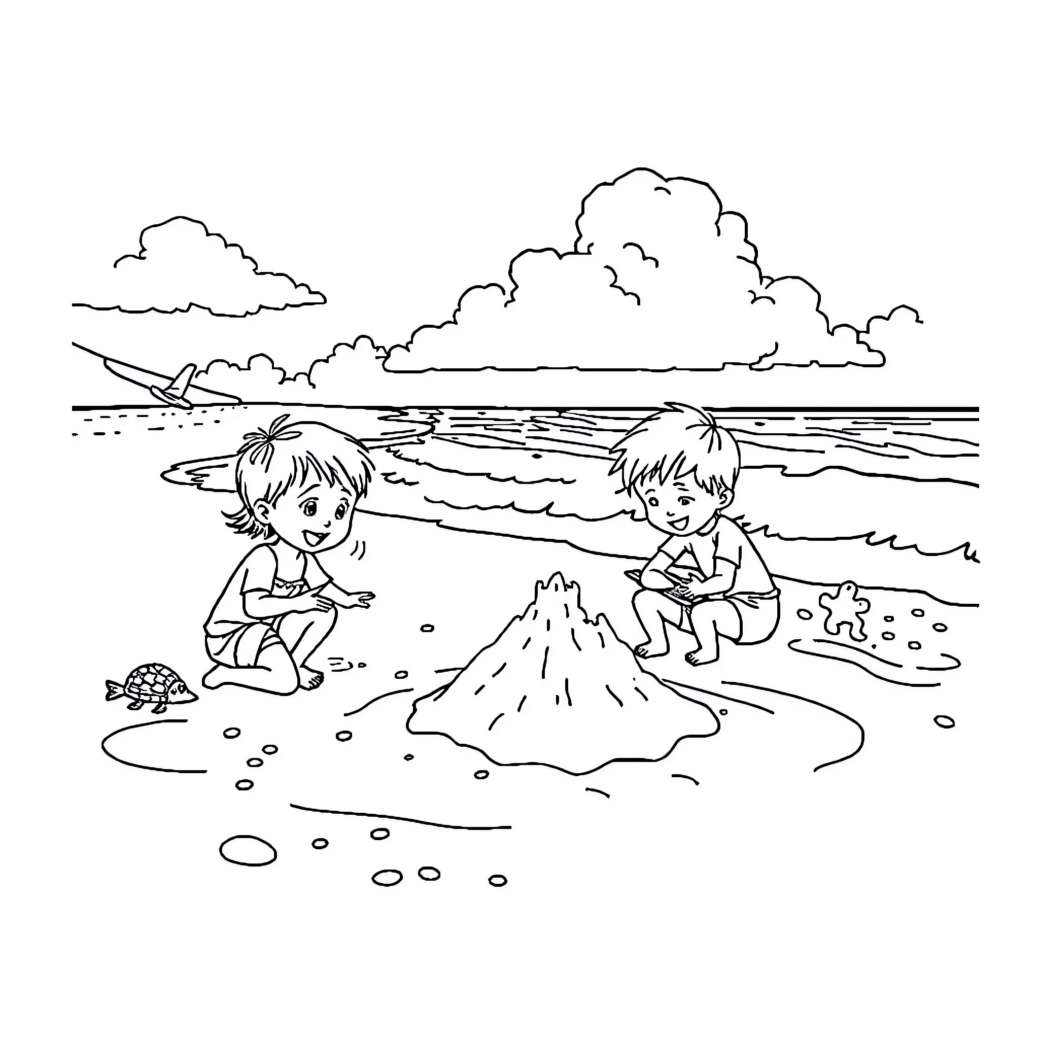 Child playing happily on the beach Coloring Page (free black-and-white line drawing printable PDF for all, from beginners to advanced learners, including children, teens, adults, and seniors)