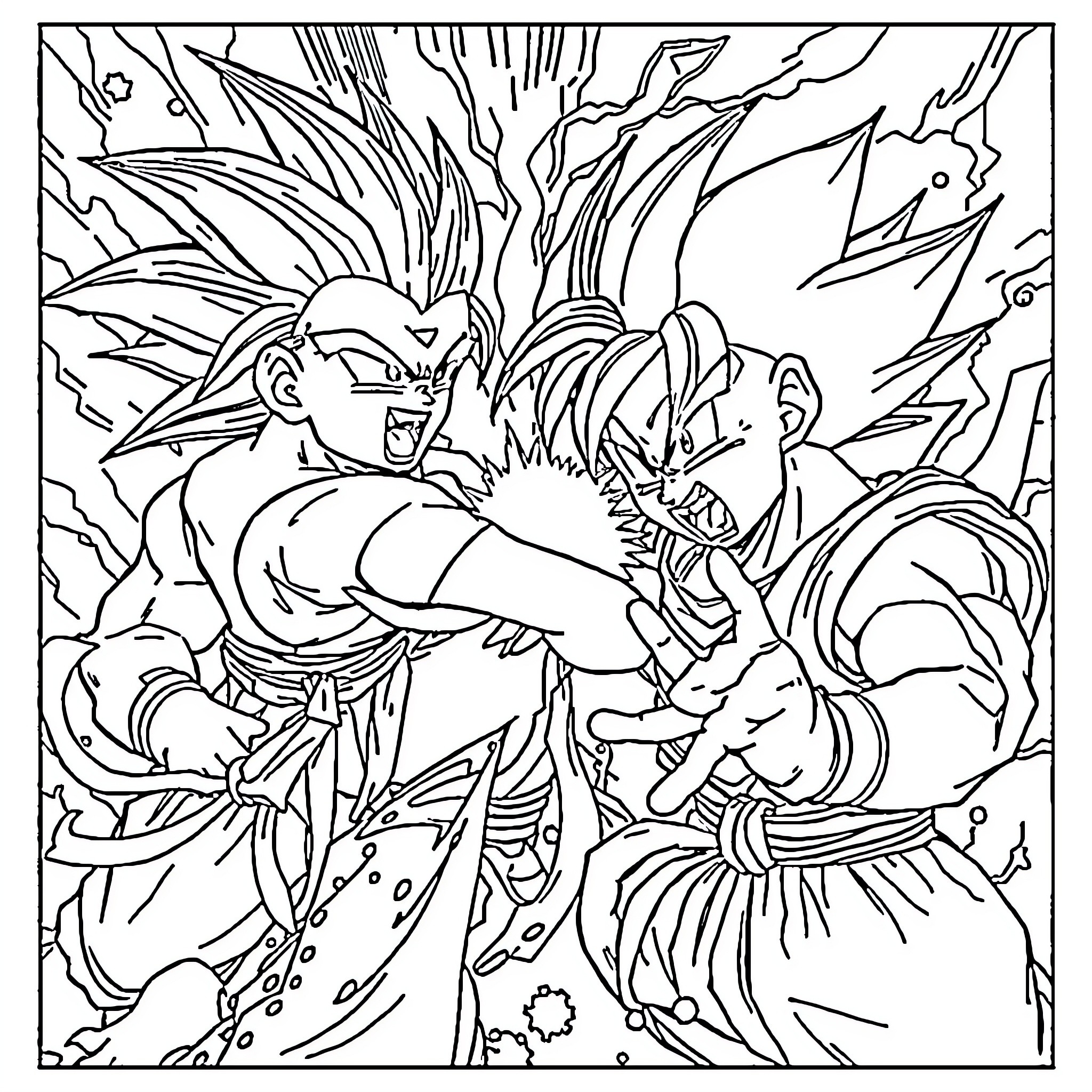 Dragon Ball Z: Intense Anime Clash of Characters Coloring Page (free black-and-white line drawing printable PDF for all, from beginners to advanced learners, including children, teens, adults, and seniors)