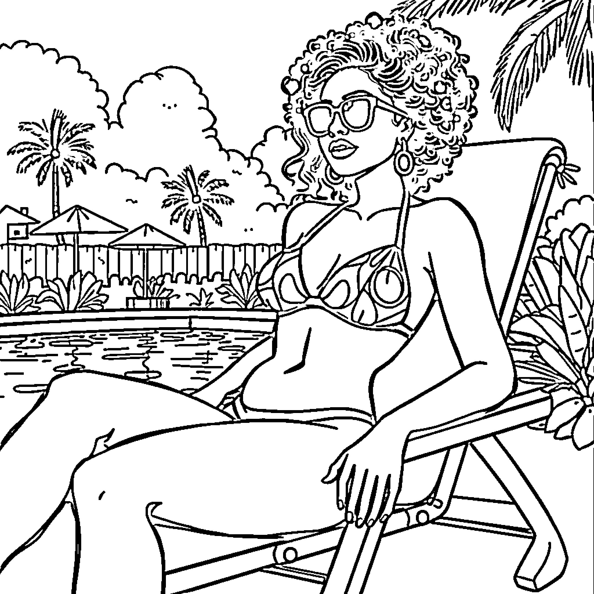 Woman relaxing by the pool on a tropical vacation Coloring Page (free black-and-white line drawing printable PDF for all, from beginners to advanced learners, including children, teens, adults, and seniors)