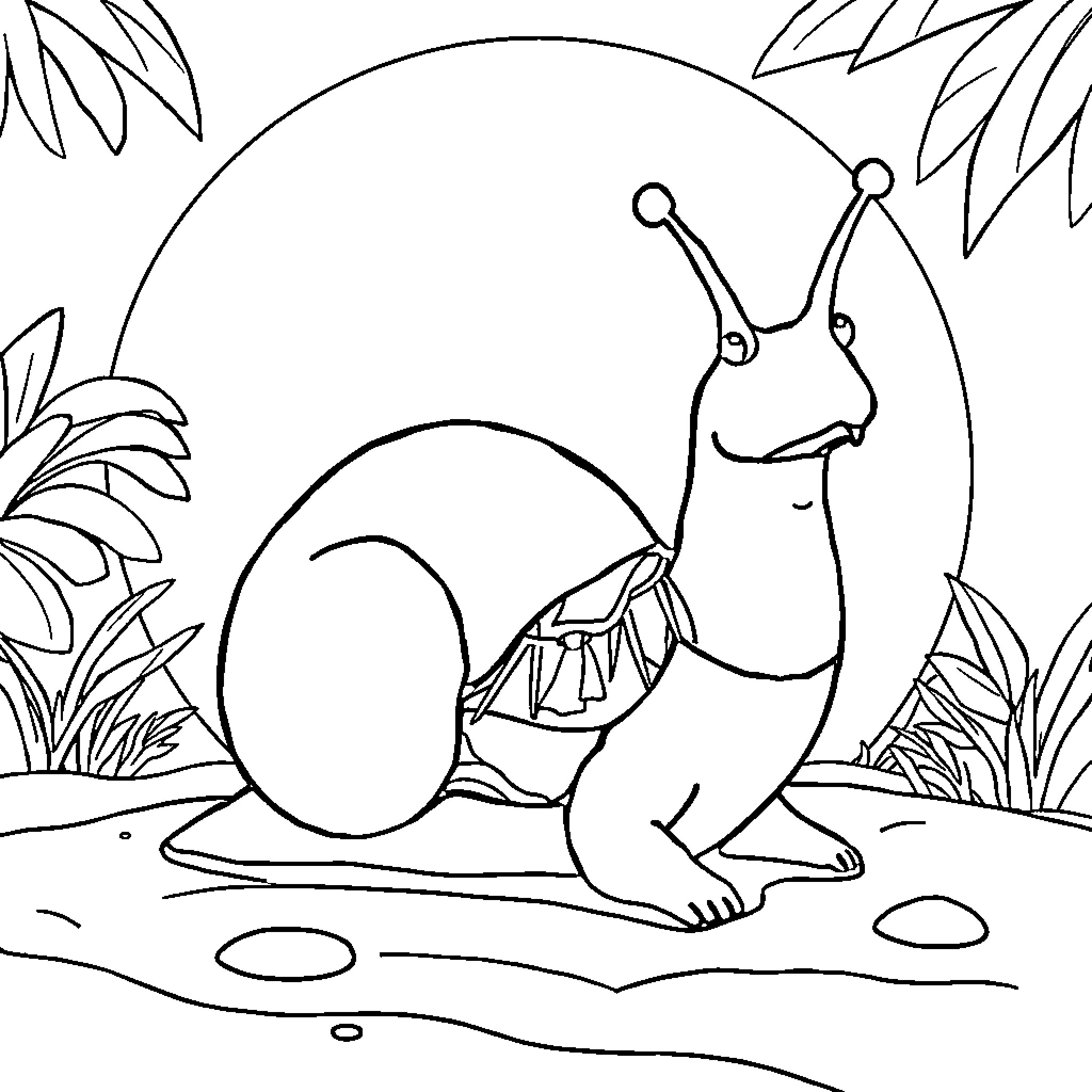 Slug carrying a big shell in the garden Coloring Page (free black-and-white line drawing printable PDF for all, from beginners to advanced learners, including children, teens, adults, and seniors)