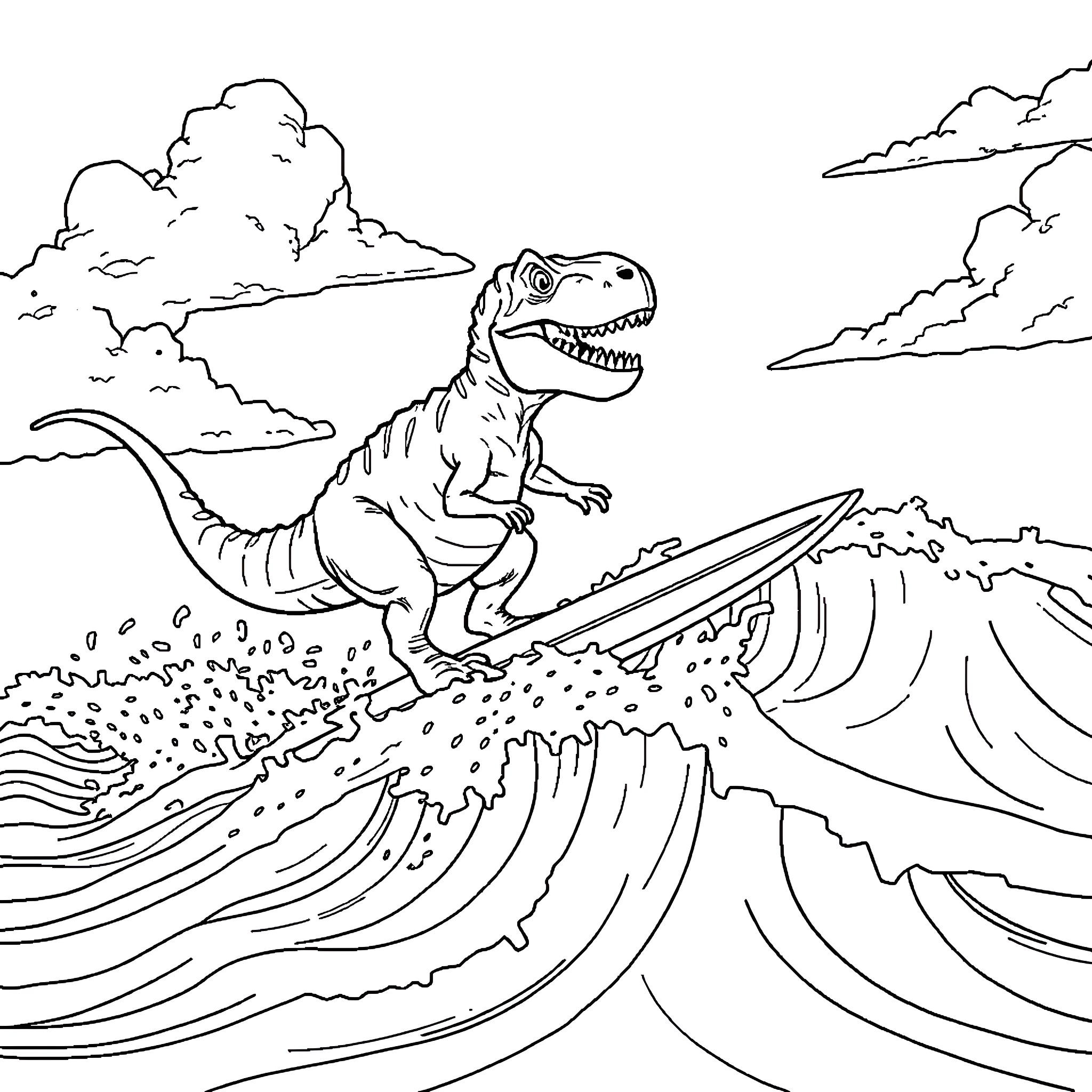 T-Rex surfing on giant waves Coloring Page (free black-and-white line drawing printable PDF for all, from beginners to advanced learners, including children, teens, adults, and seniors)