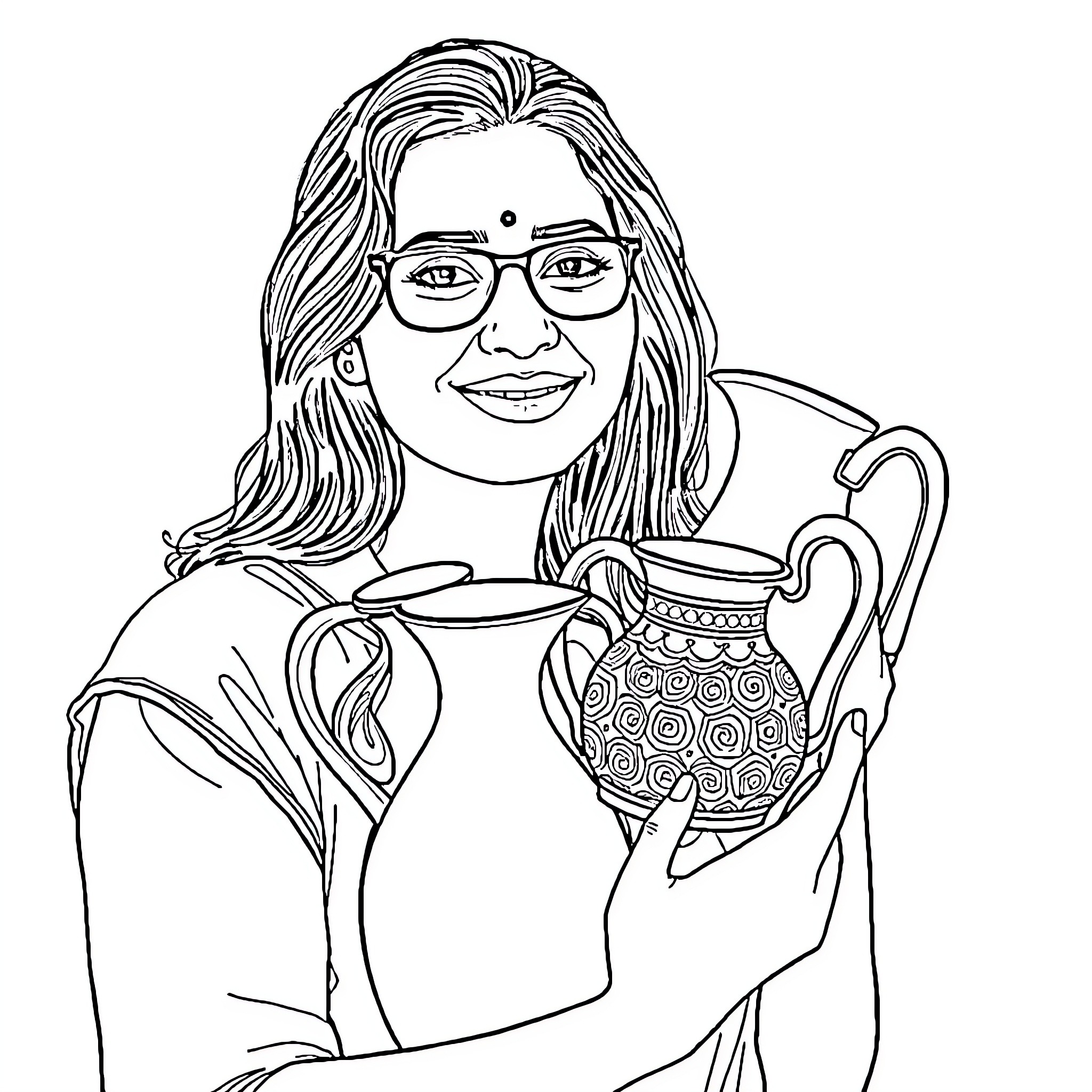 Pitcher with artistic pottery and warm expression Coloring Page (free black-and-white line drawing printable PDF for all, from beginners to advanced learners, including children, teens, adults, and seniors)