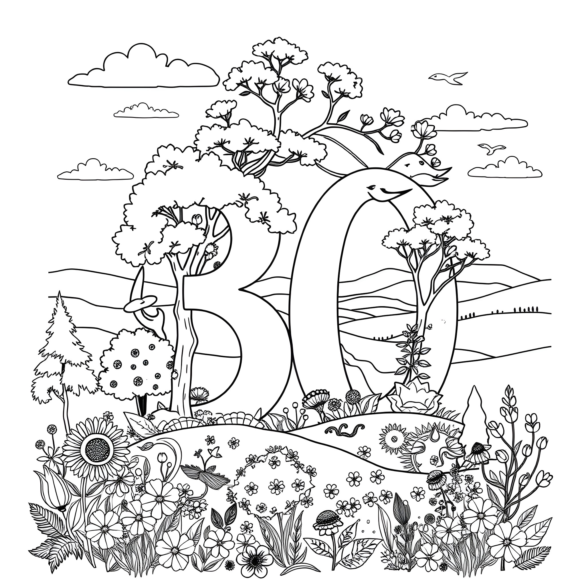 Number A Peaceful Natural Landscape with Trees and Flowers Coloring Page (free black-and-white line drawing printable PDF for all, from beginners to advanced learners, including children, teens, adults, and seniors)