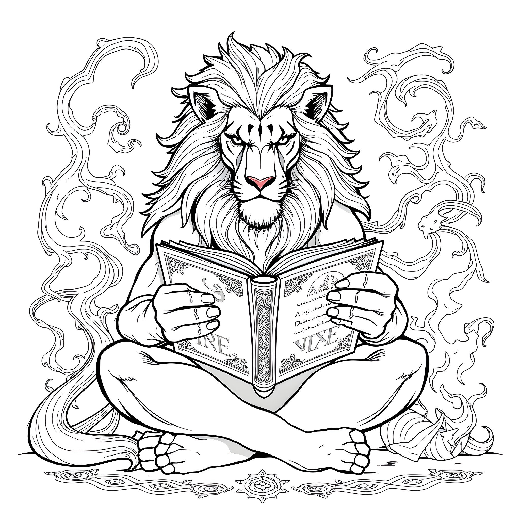 Lion studying an ancient tome amid swirling winds Coloring Page (free black-and-white line drawing printable PDF for all, from beginners to advanced learners, including children, teens, adults, and seniors)