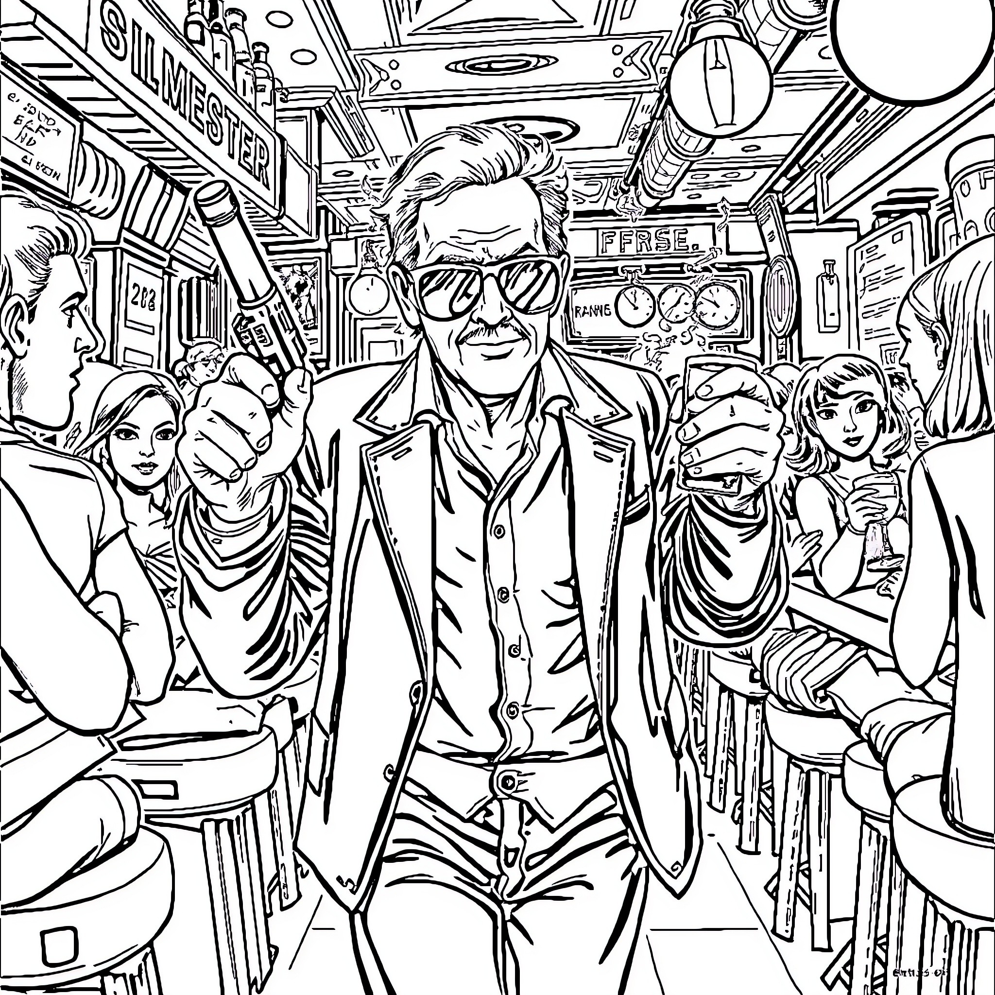 Hunter S. Thompson's Eccentric Travels Through a Chaotic World Coloring Page (free black-and-white line drawing printable PDF for all, from beginners to advanced learners, including children, teens, adults, and seniors)