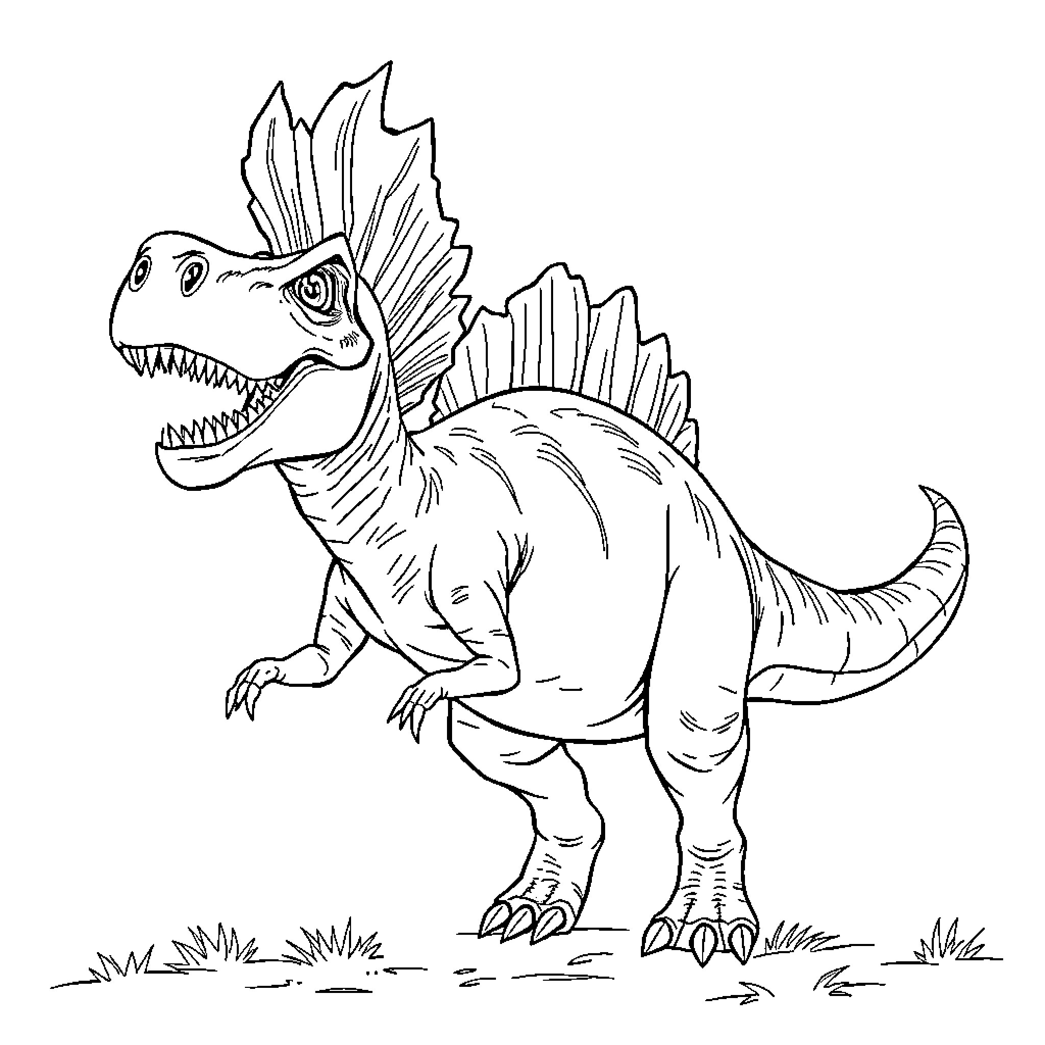 Espinosaurio roaring with open mouth Coloring Page (free black-and-white line drawing printable PDF for all, from beginners to advanced learners, including children, teens, adults, and seniors)