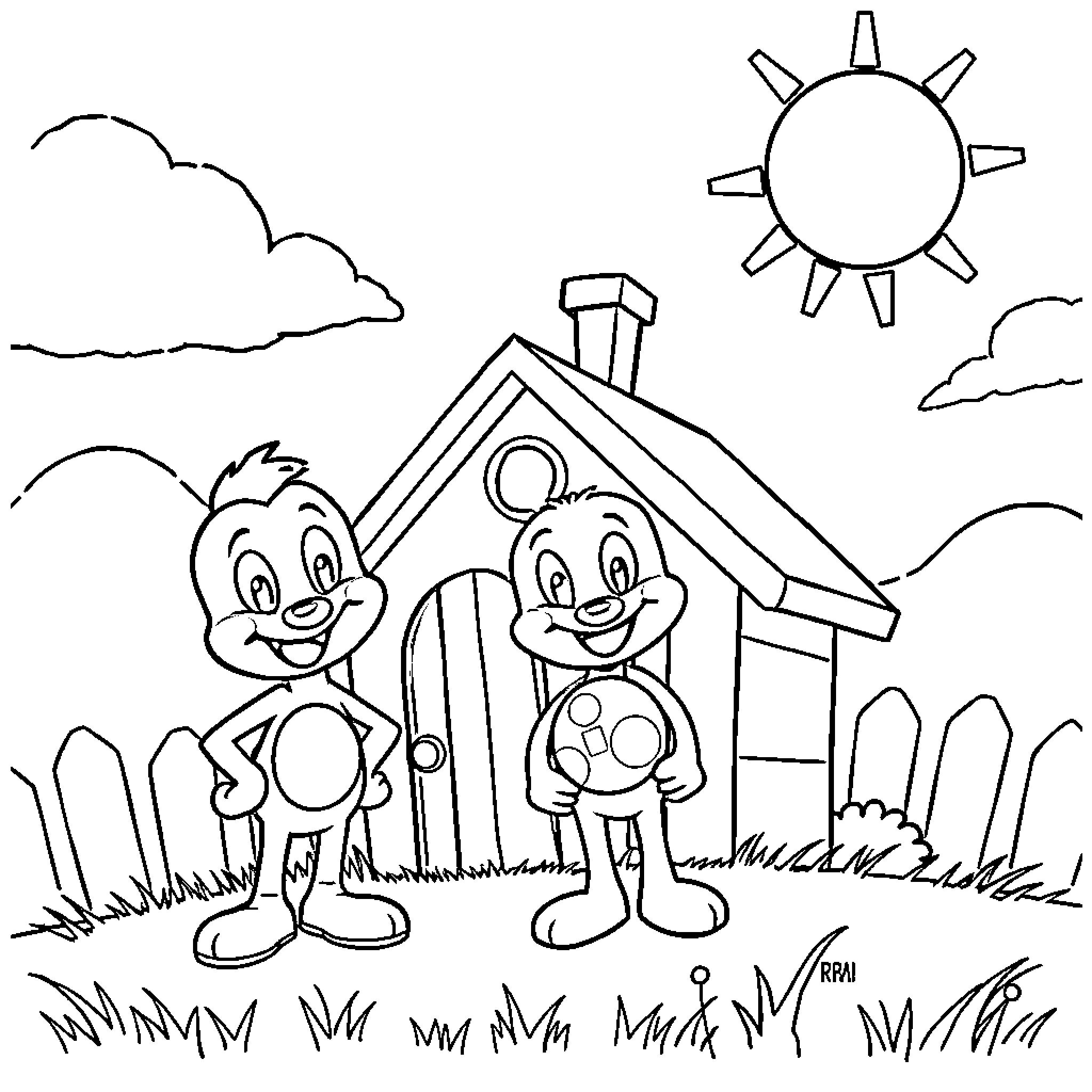 Bluey and friends playing near their home Coloring Page (free black-and-white line drawing printable PDF for all, from beginners to advanced learners, including children, teens, adults, and seniors)