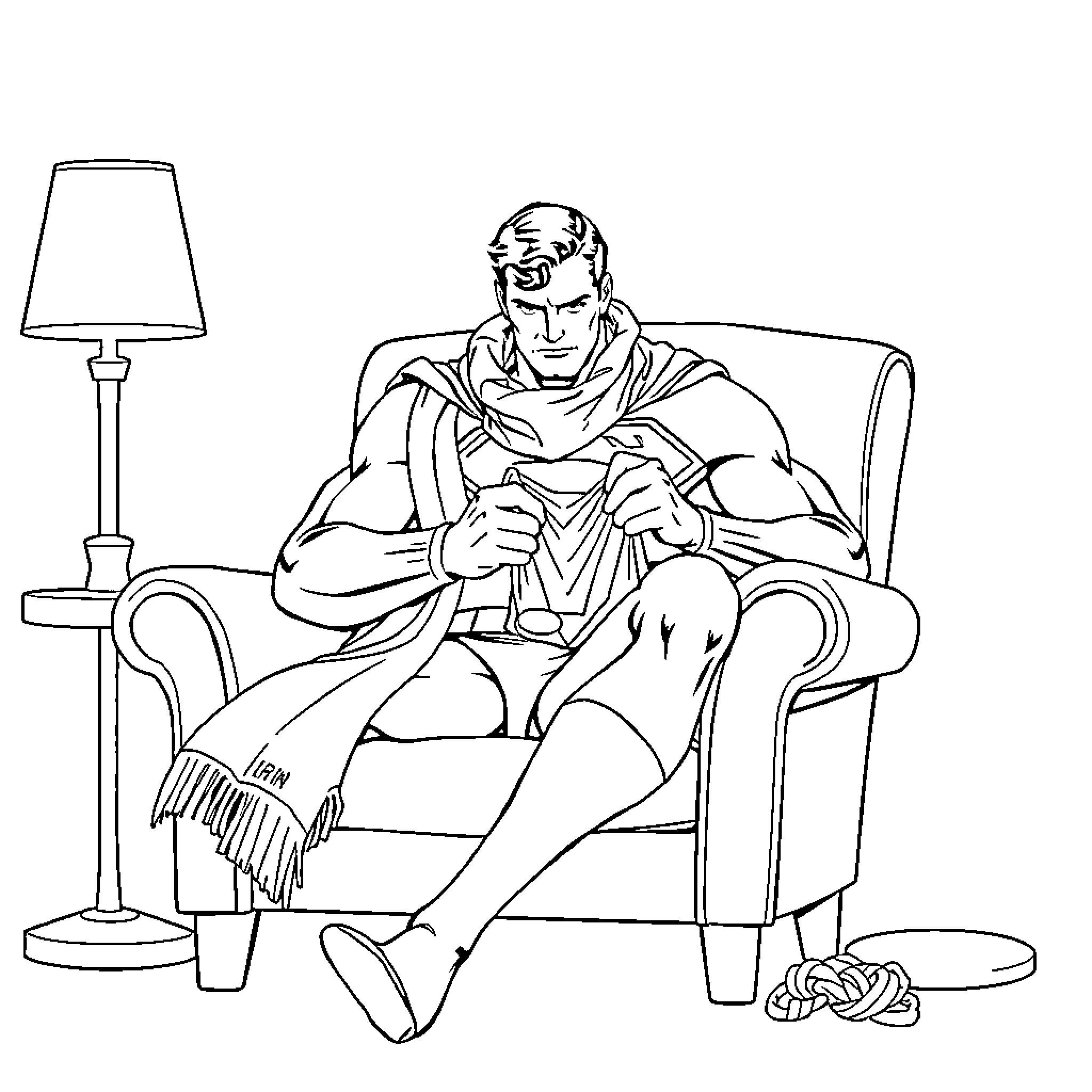 Superman relaxing at home with a book Coloring Page (free black-and-white line drawing printable PDF for all, from beginners to advanced learners, including children, teens, adults, and seniors)