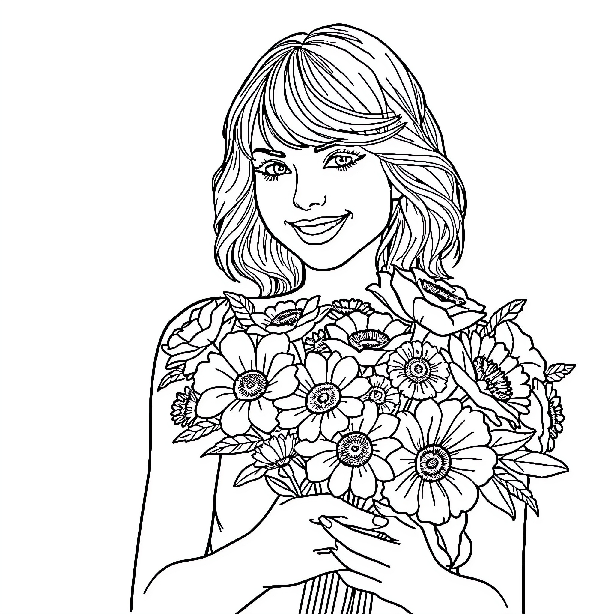 Taylor Swift holding a bouquet of flowers Coloring Page (free black-and-white line drawing printable PDF for all, from beginners to advanced learners, including children, teens, adults, and seniors)
