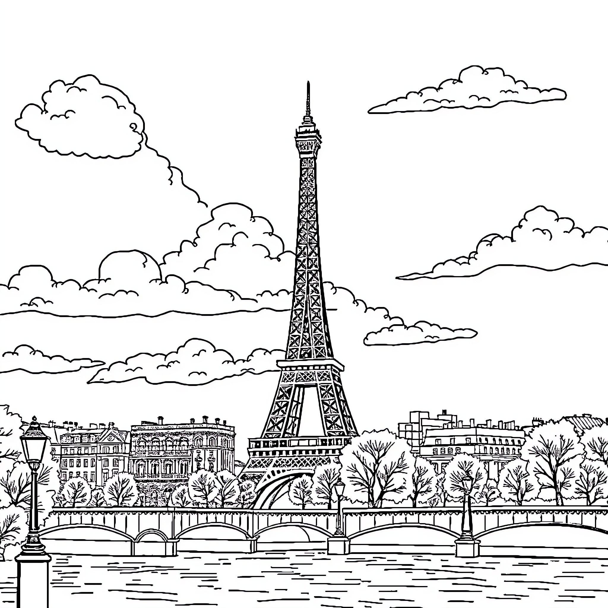 Paris landscape with Eiffel Tower and cityscape Coloring Page (free black-and-white line drawing printable PDF for all, from beginners to advanced learners, including children, teens, adults, and seniors)