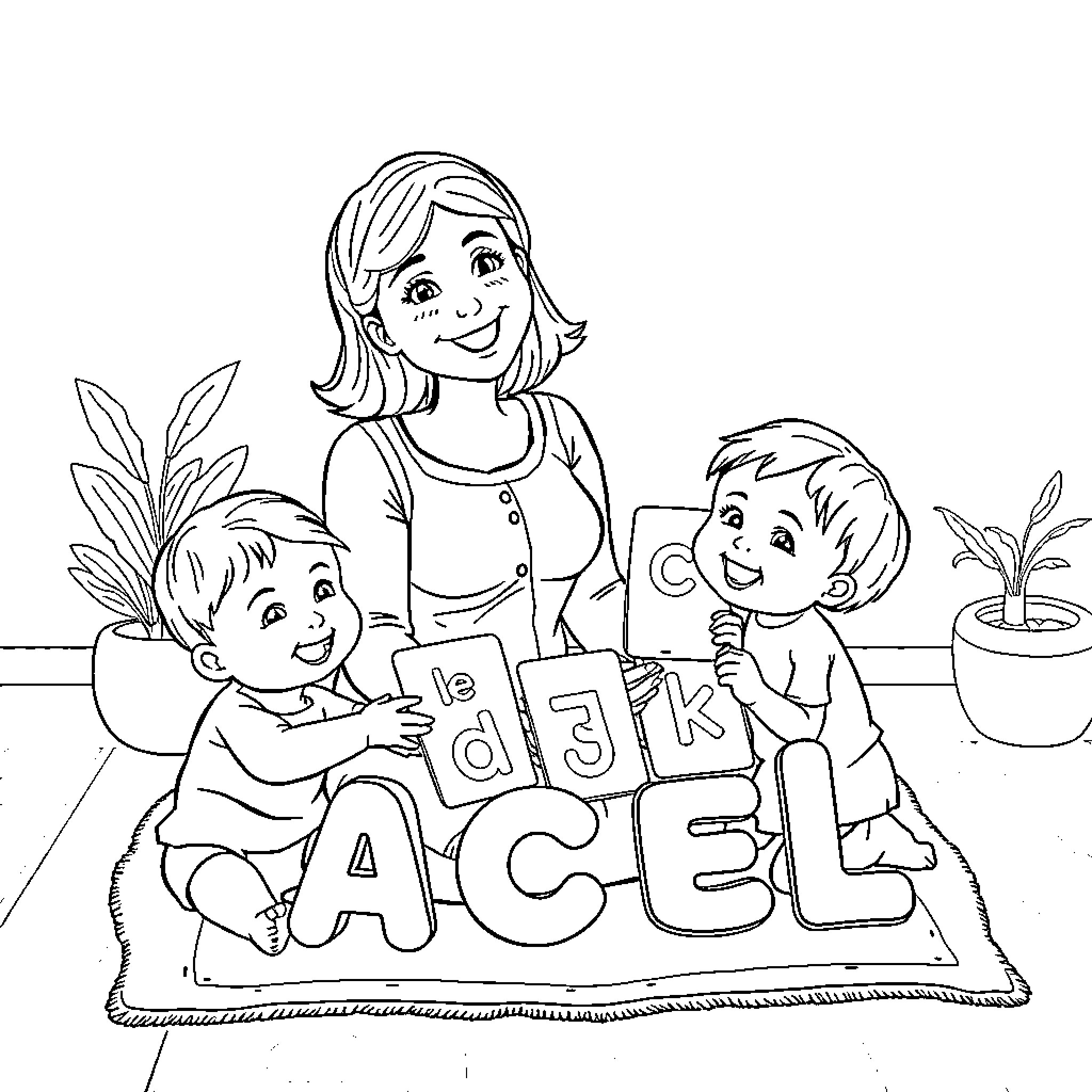 Rachel playing with children on the floor Coloring Page (free black-and-white line drawing printable PDF for all, from beginners to advanced learners, including children, teens, adults, and seniors)