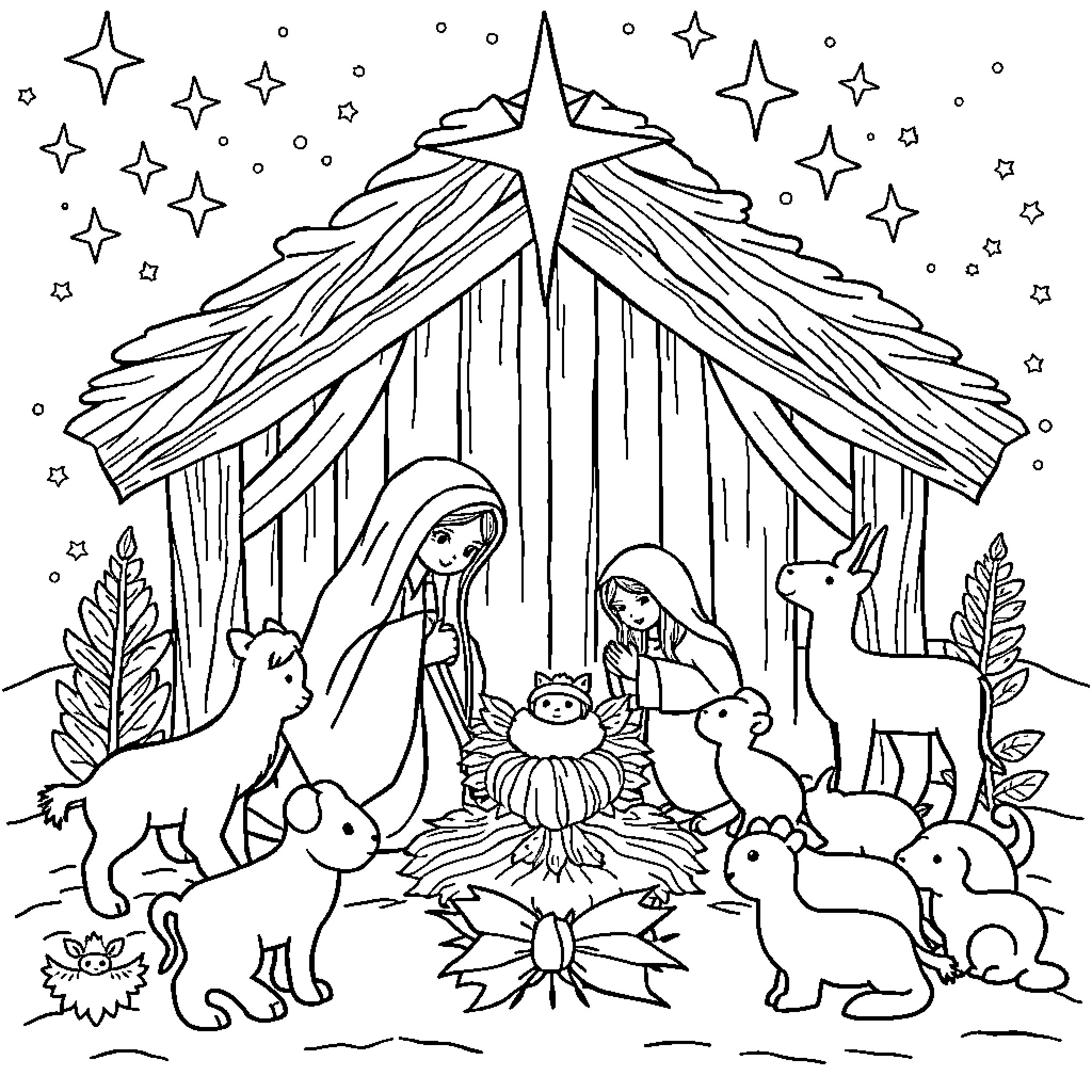 Nativity scene with animals and shining star Coloring Page (free black-and-white line drawing printable PDF for all, from beginners to advanced learners, including children, teens, adults, and seniors)
