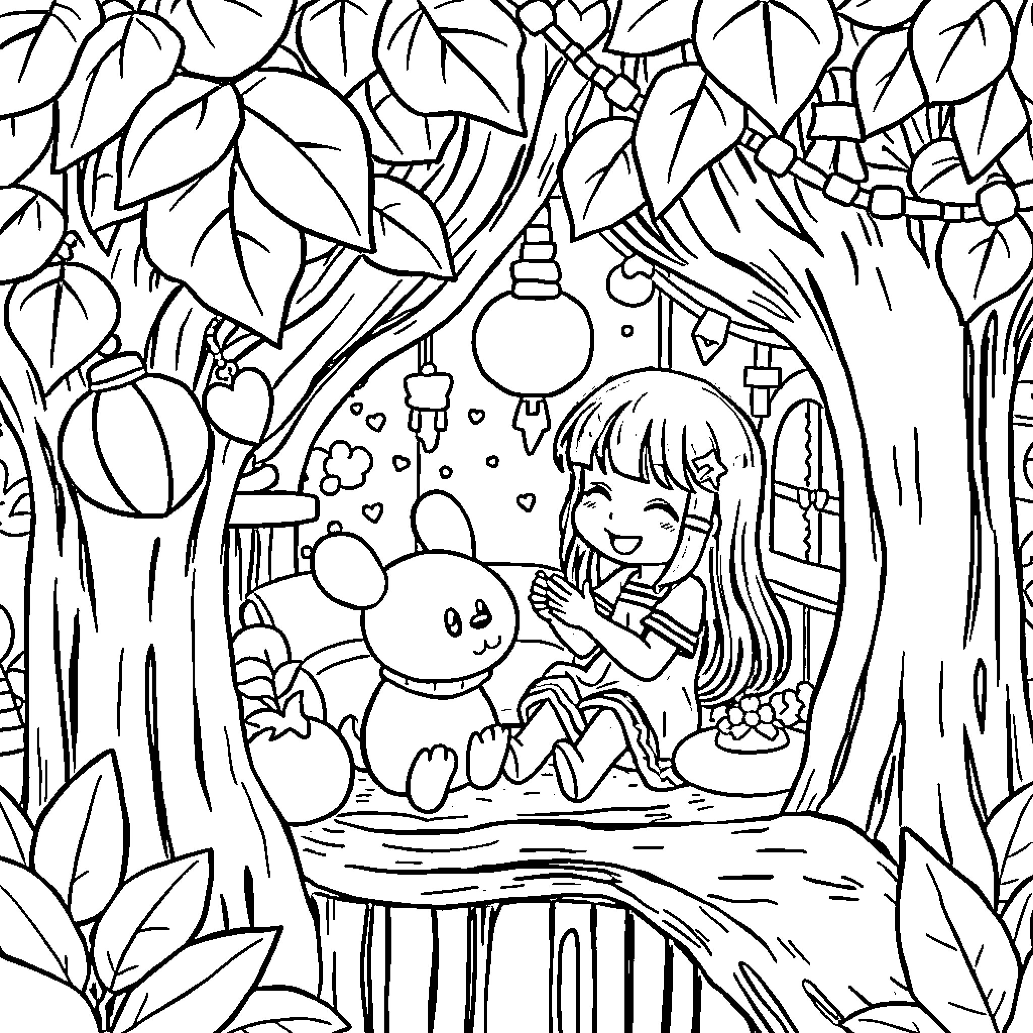 Kuromi playing joyfully with her animal friends in the forest Coloring Page (free black-and-white line drawing printable PDF for all, from beginners to advanced learners, including children, teens, adults, and seniors)