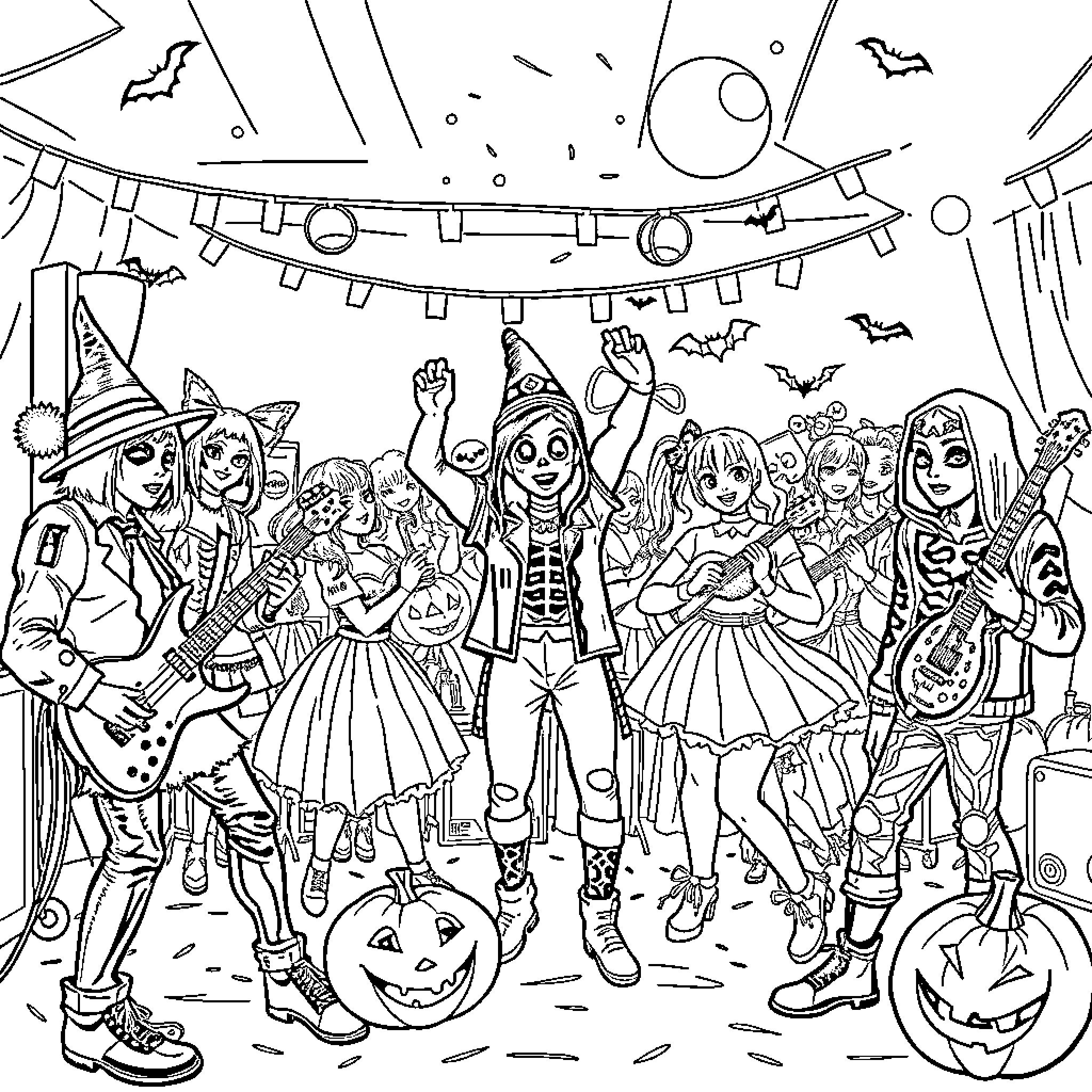Kpop Halloween Party Celebration Coloring Page (free black-and-white line drawing printable PDF for all, from beginners to advanced learners, including children, teens, adults, and seniors)
