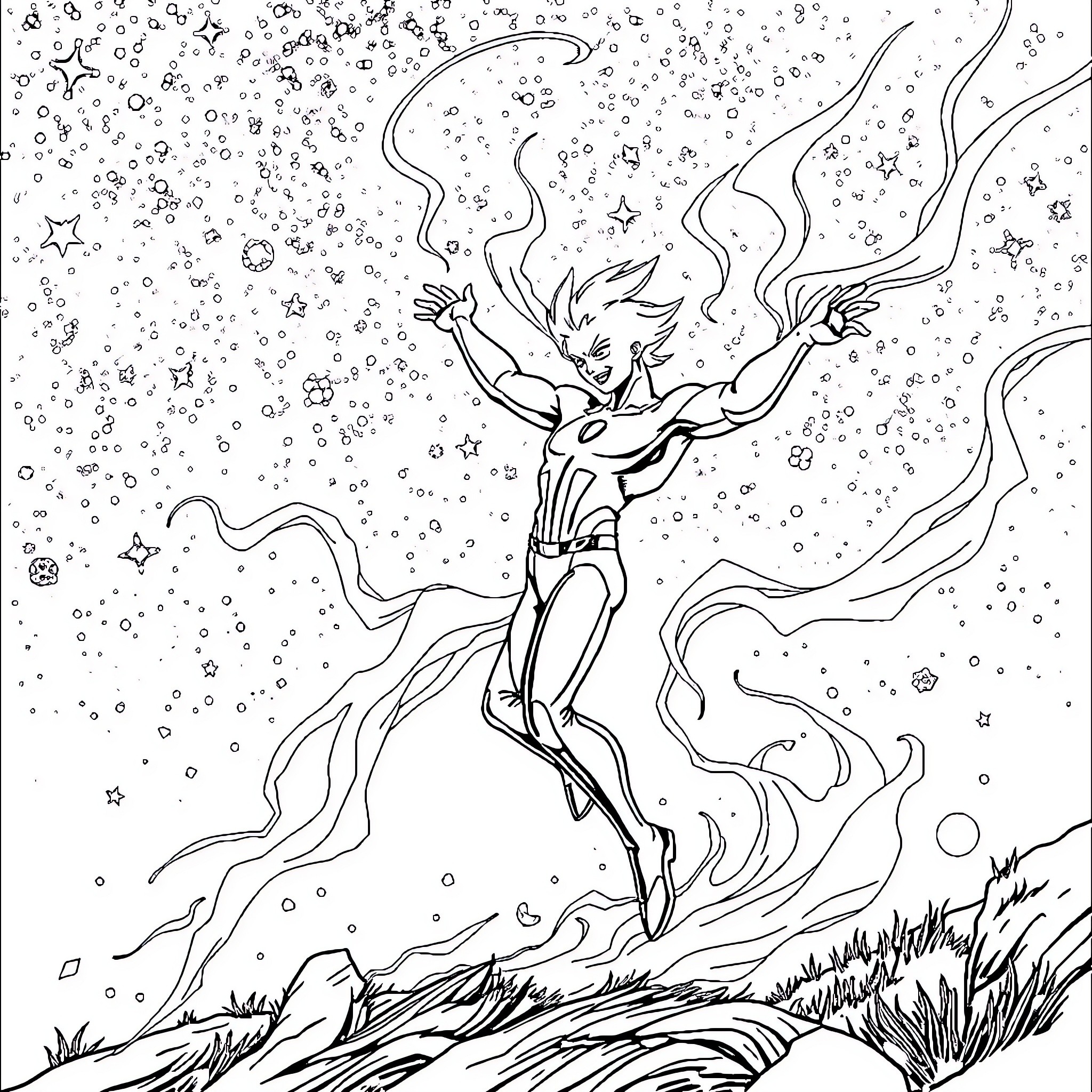 Flash soaring through the cosmic landscape Coloring Page (free black-and-white line drawing printable PDF for all, from beginners to advanced learners, including children, teens, adults, and seniors)