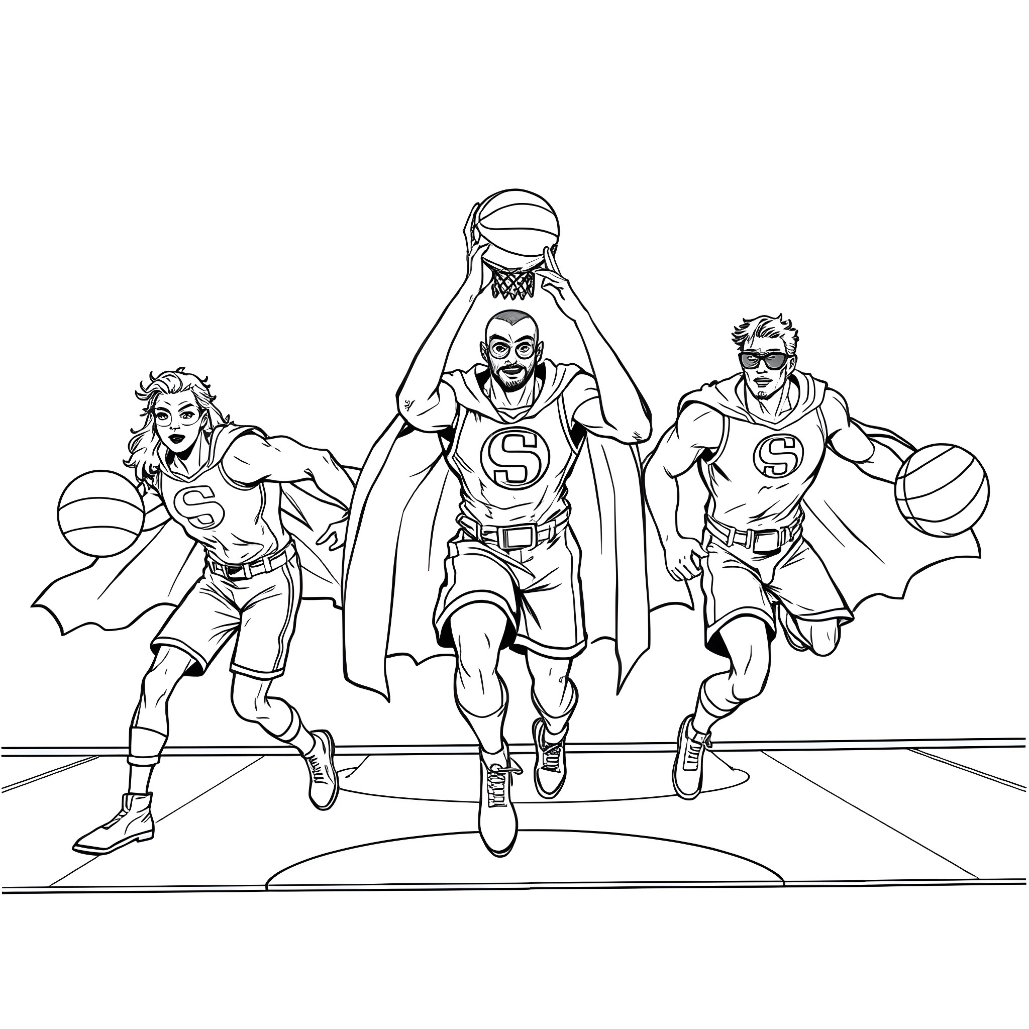Superhero Basketball Players in Action Coloring Page (free black-and-white line drawing printable PDF for all, from beginners to advanced learners, including children, teens, adults, and seniors)