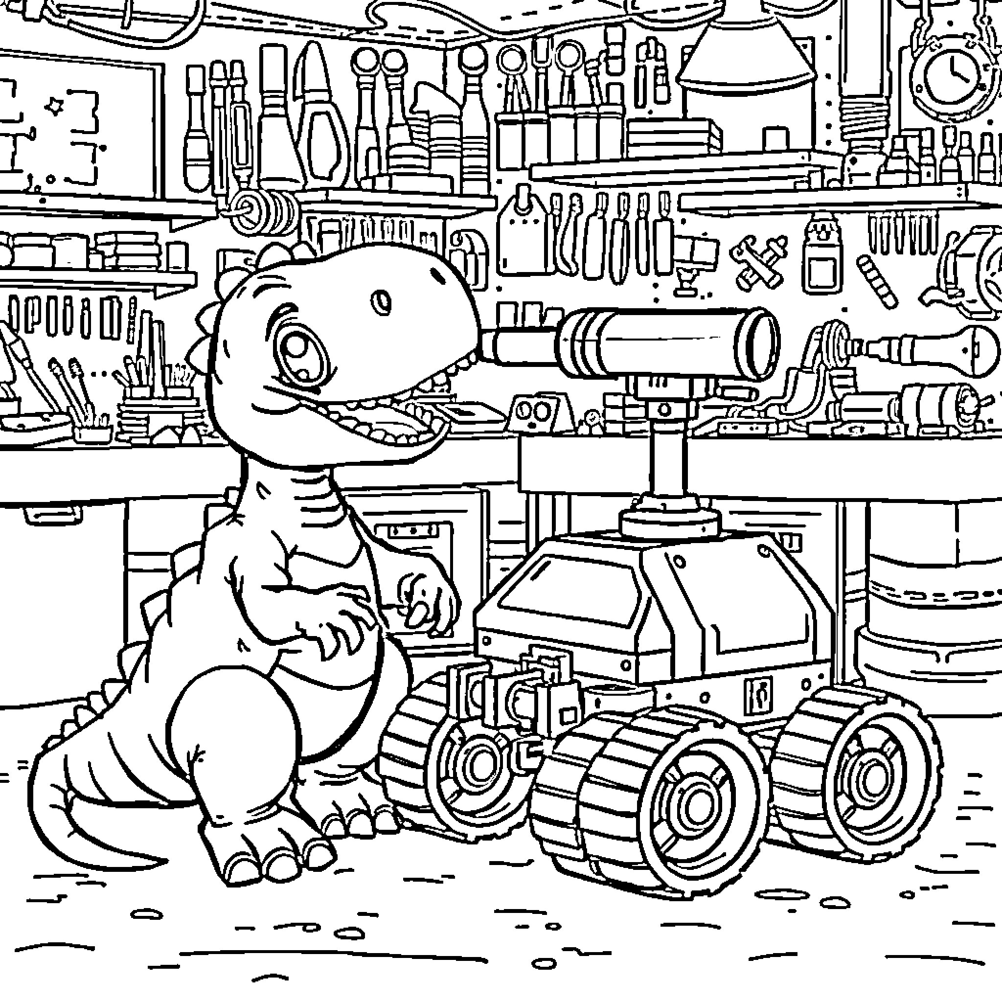 Dinosaur operating heavy machinery in a workshop Coloring Page (free black-and-white line drawing printable PDF for all, from beginners to advanced learners, including children, teens, adults, and seniors)
