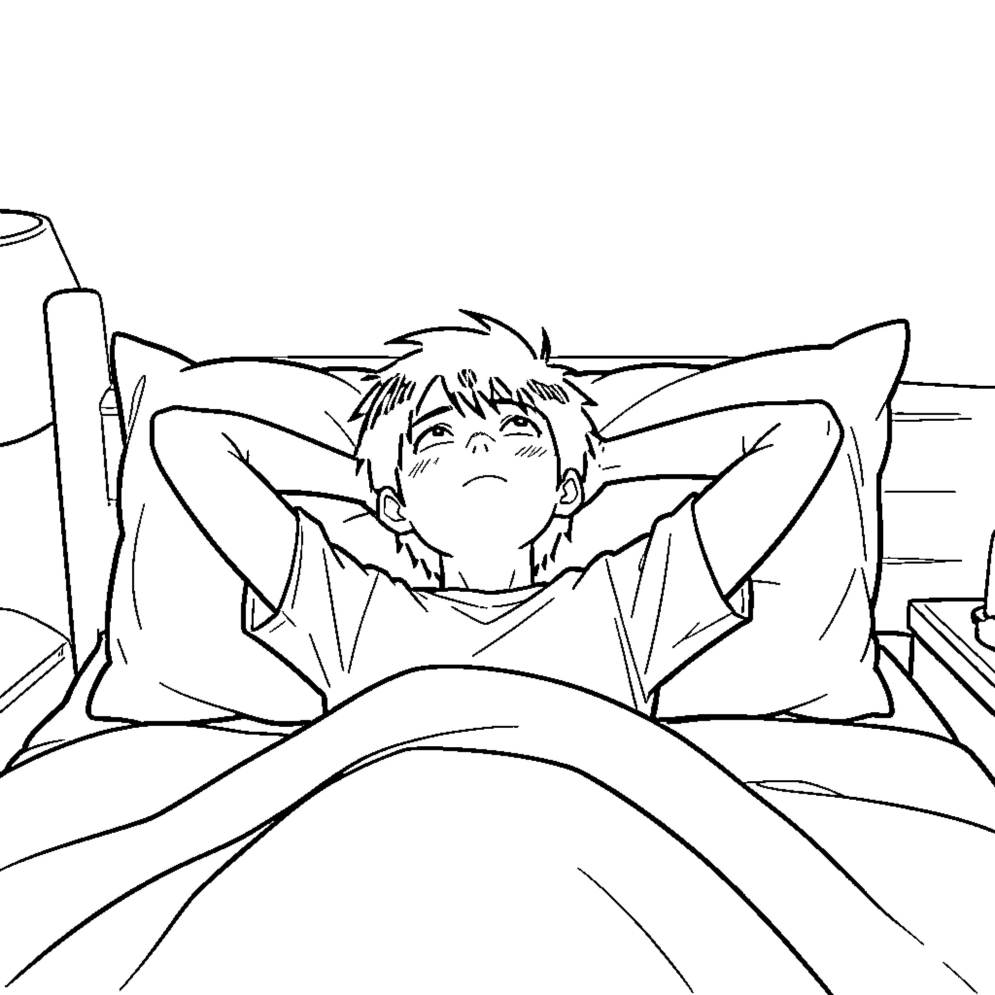 Scott Pilgrim lying in bed looking up thoughtfully Coloring Page (free black-and-white line drawing printable PDF for all, from beginners to advanced learners, including children, teens, adults, and seniors)