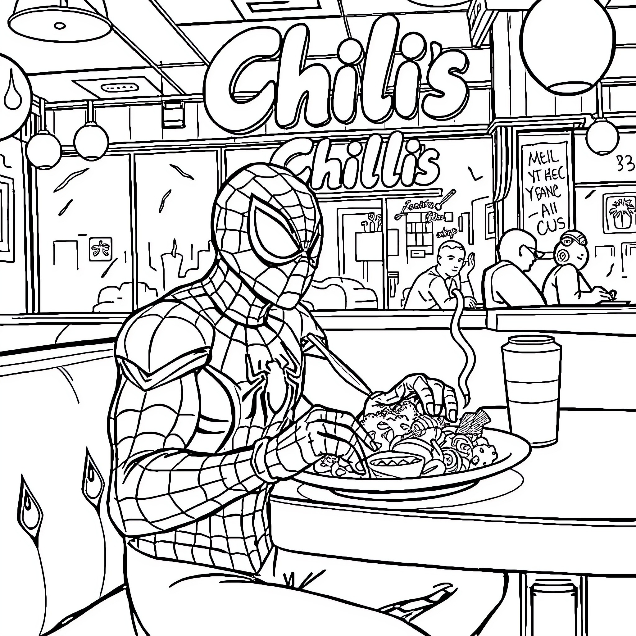 Spider-Man enjoys a delicious meal at Chili's Coloring Page (free black-and-white line drawing printable PDF for all, from beginners to advanced learners, including children, teens, adults, and seniors)