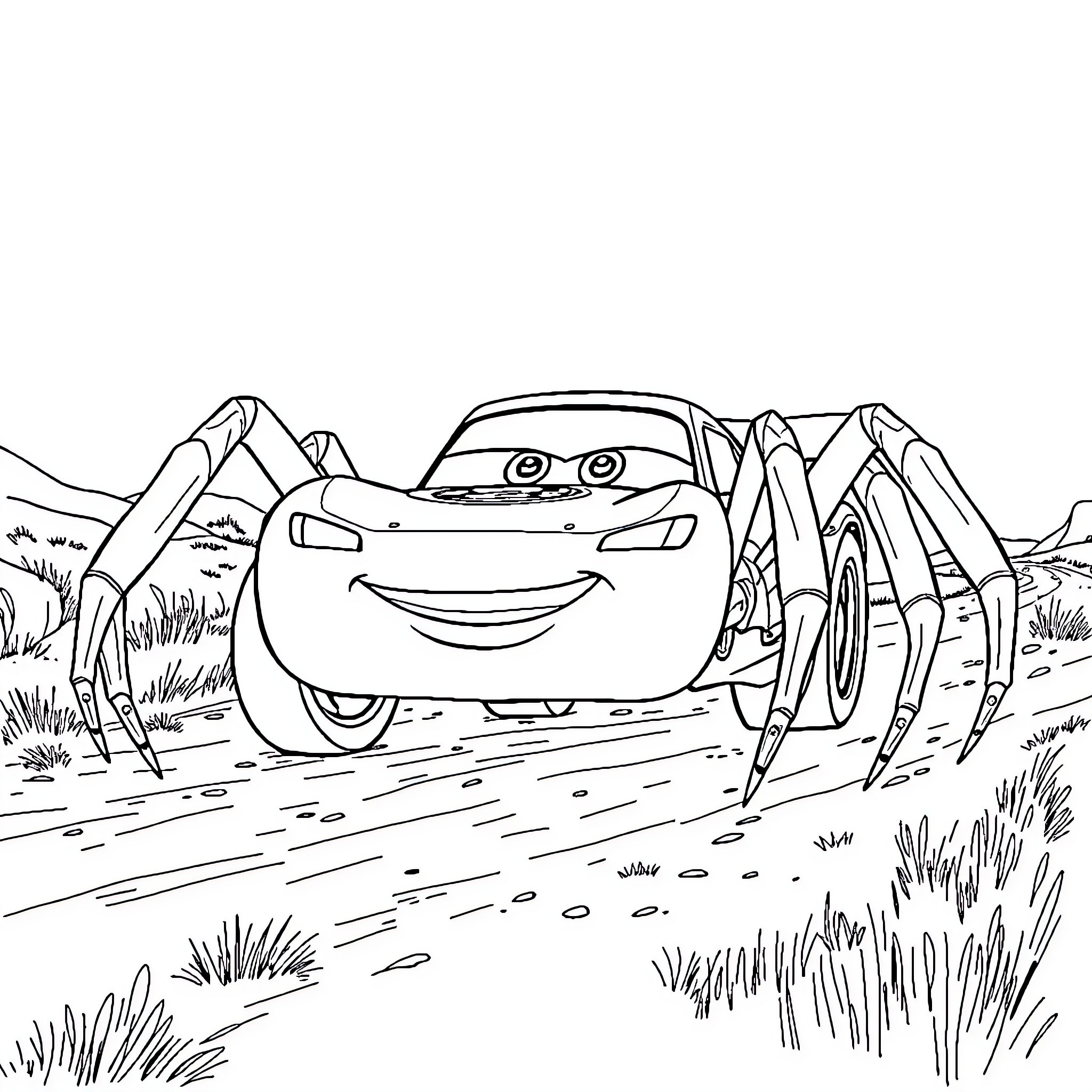 McQueen's Speedy Adventure in the Wild Coloring Page (free black-and-white line drawing printable PDF for all, from beginners to advanced learners, including children, teens, adults, and seniors)