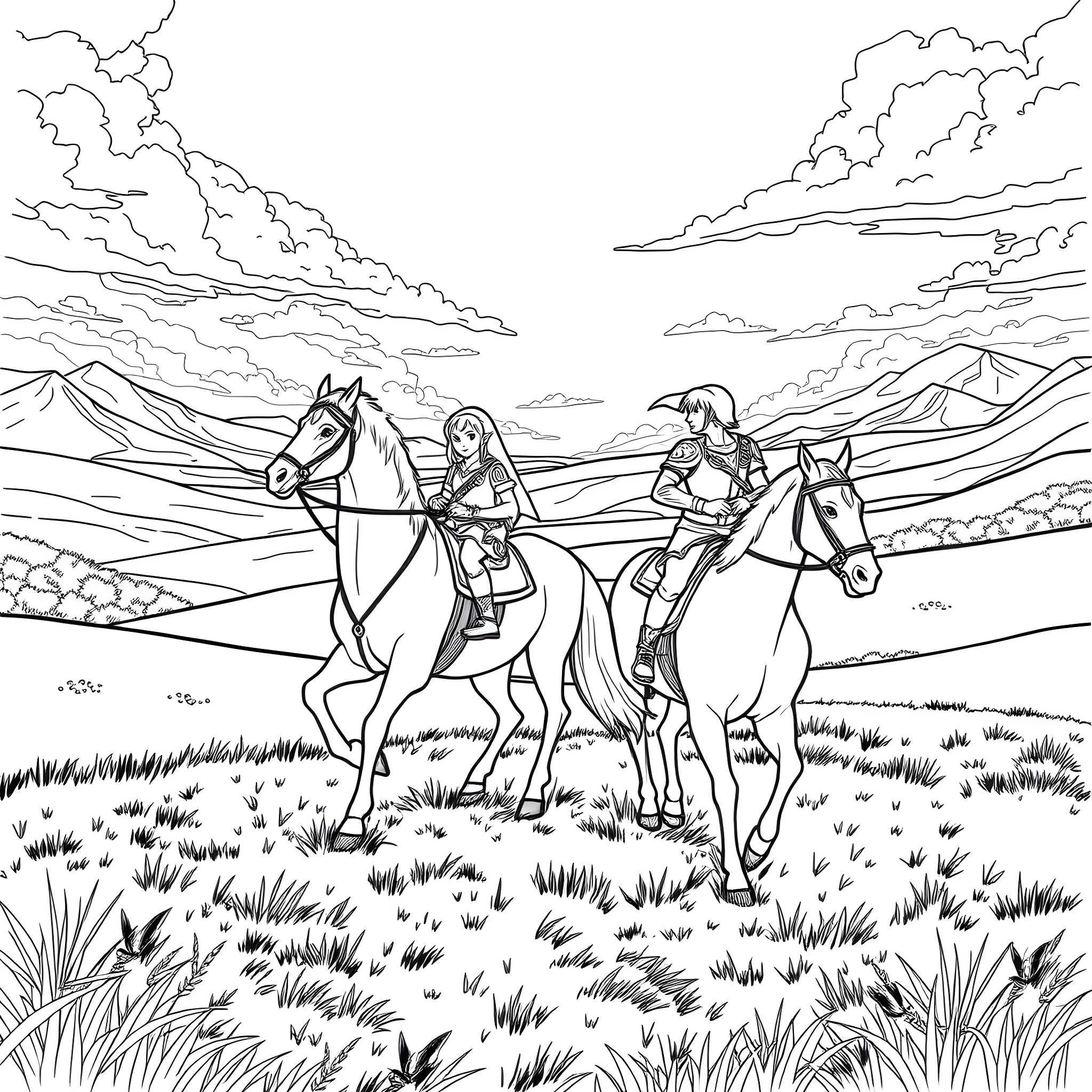 Zelda and Link riding horses in the countryside Coloring Page (free black-and-white line drawing printable PDF for all, from beginners to advanced learners, including children, teens, adults, and seniors)