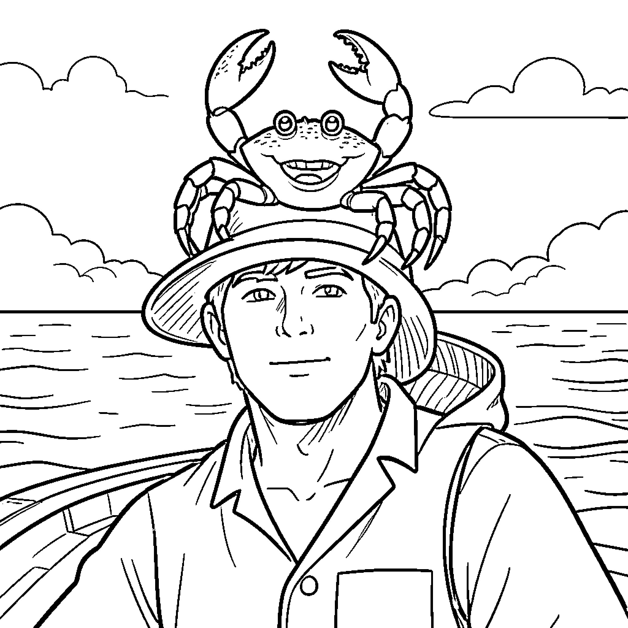 Crab sitting happily on a man's hat Coloring Page (free black-and-white line drawing printable PDF for all, from beginners to advanced learners, including children, teens, adults, and seniors)