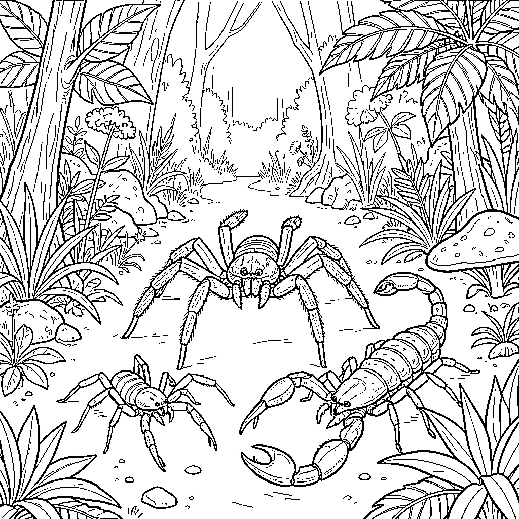Arachnid Creatures Amid Lush Jungle Foliage Coloring Page (free black-and-white line drawing printable PDF for all, from beginners to advanced learners, including children, teens, adults, and seniors)