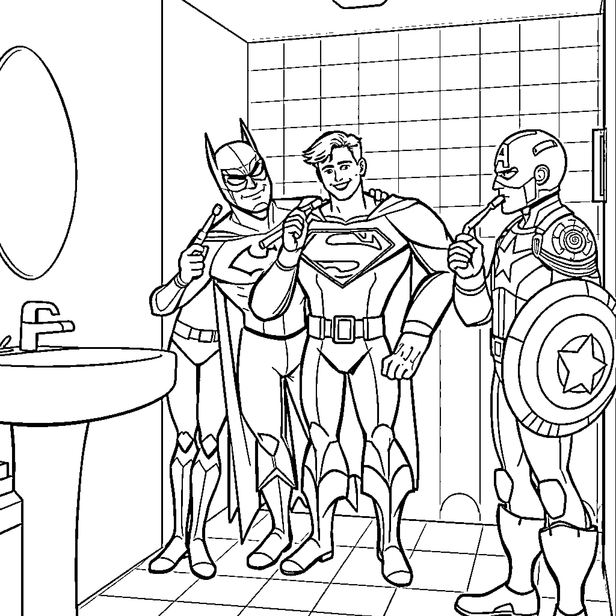 Superheroes in action-packed team-up Coloring Page (free black-and-white line drawing printable PDF for all, from beginners to advanced learners, including children, teens, adults, and seniors)