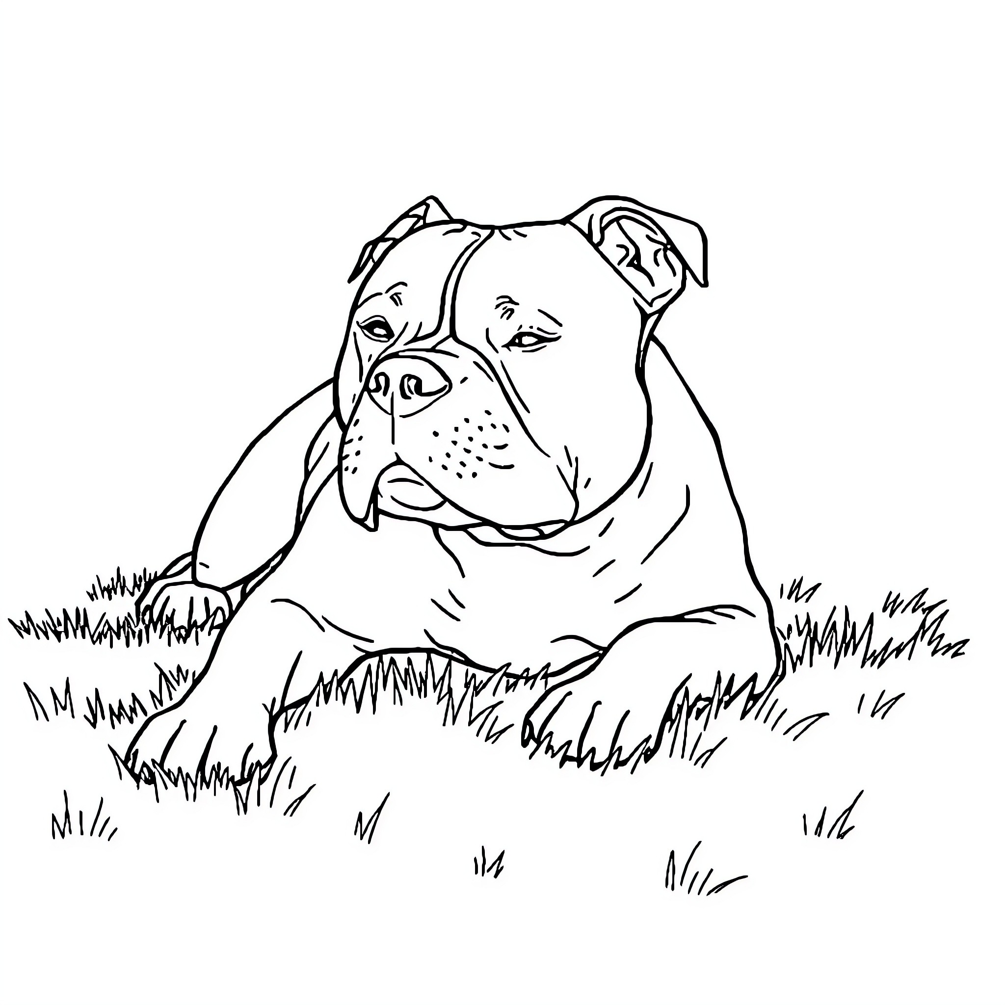 Pit Bull relaxing in the grass Coloring Page (free black-and-white line drawing printable PDF for all, from beginners to advanced learners, including children, teens, adults, and seniors)