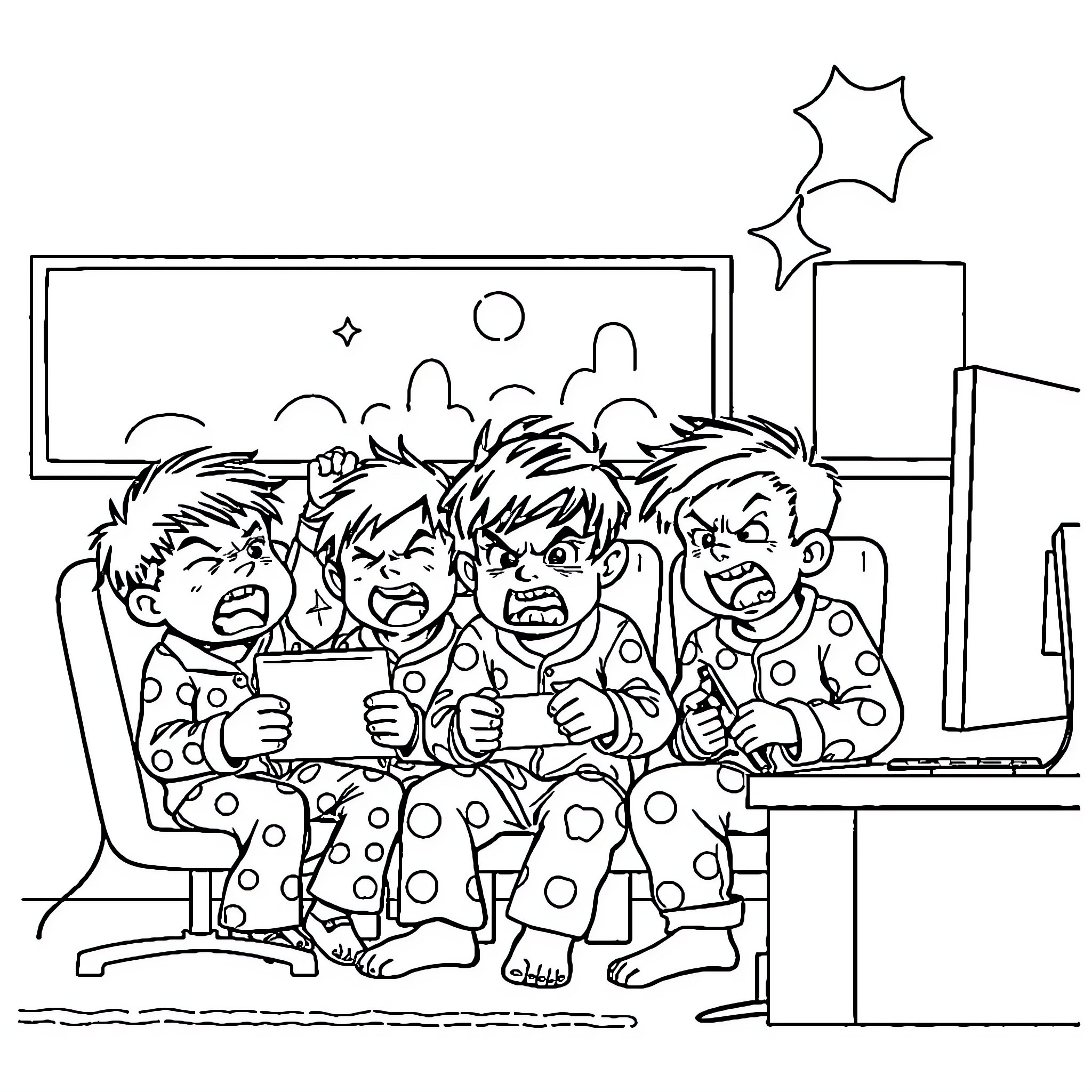 Kid Excited Friends Playing Video Games Together Coloring Page (free black-and-white line drawing printable PDF for all, from beginners to advanced learners, including children, teens, adults, and seniors)