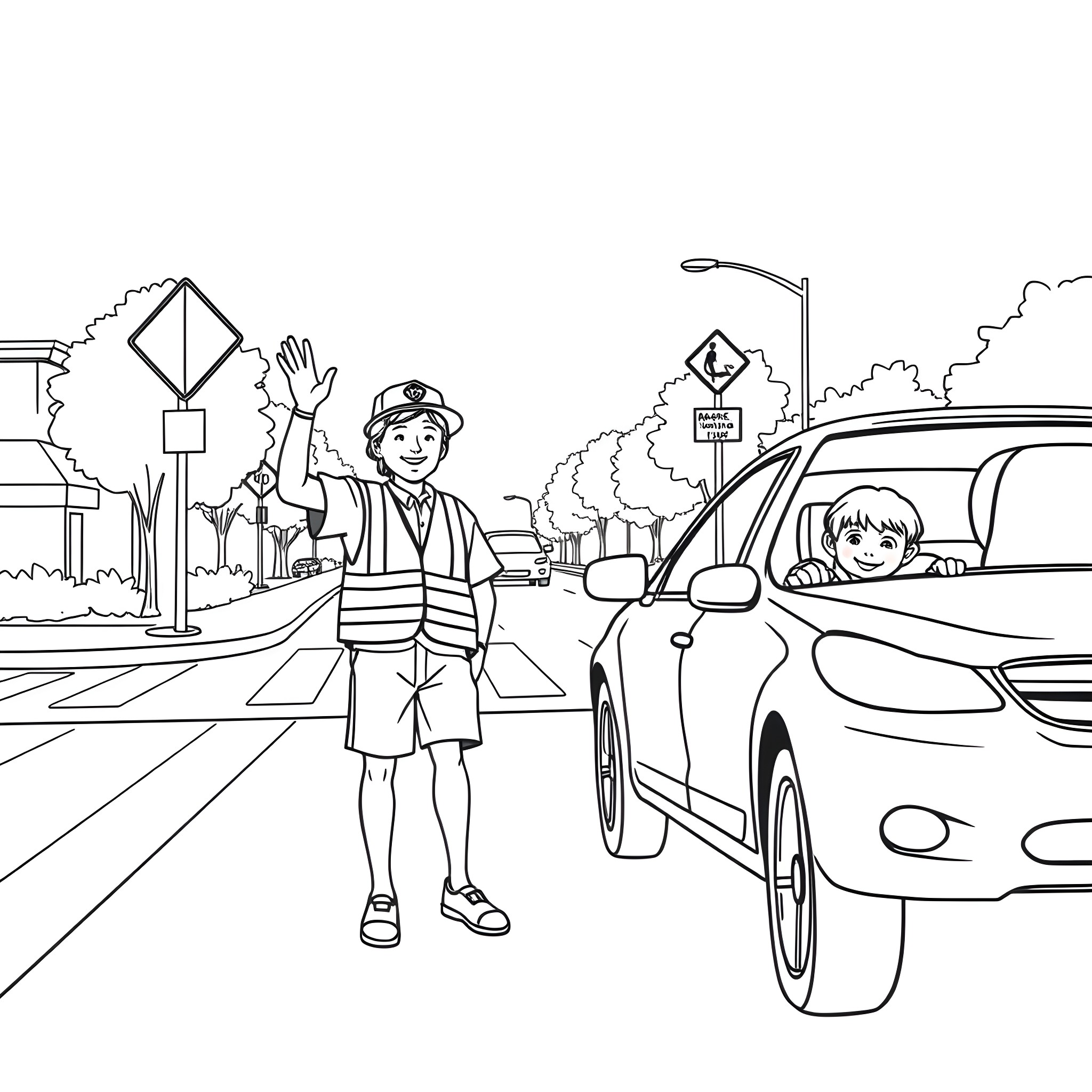 Crossing Guard Directing Traffic and Pedestrians Coloring Page (free black-and-white line drawing printable PDF for all, from beginners to advanced learners, including children, teens, adults, and seniors)