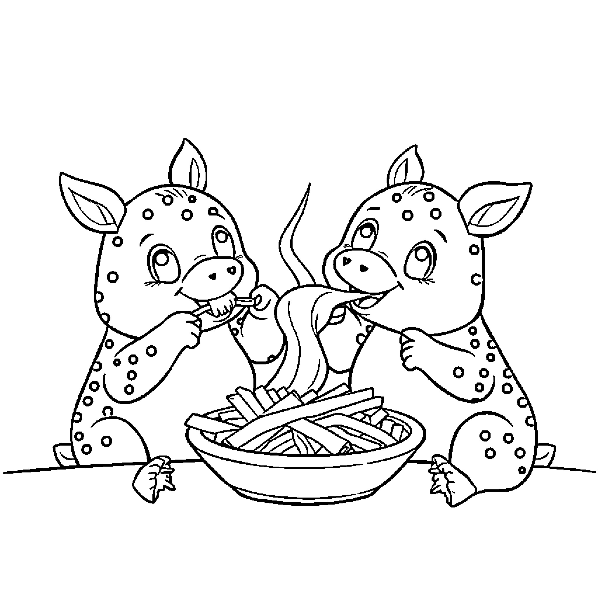 Comet dinosaurs sharing a meal together Coloring Page (free black-and-white line drawing printable PDF for all, from beginners to advanced learners, including children, teens, adults, and seniors)