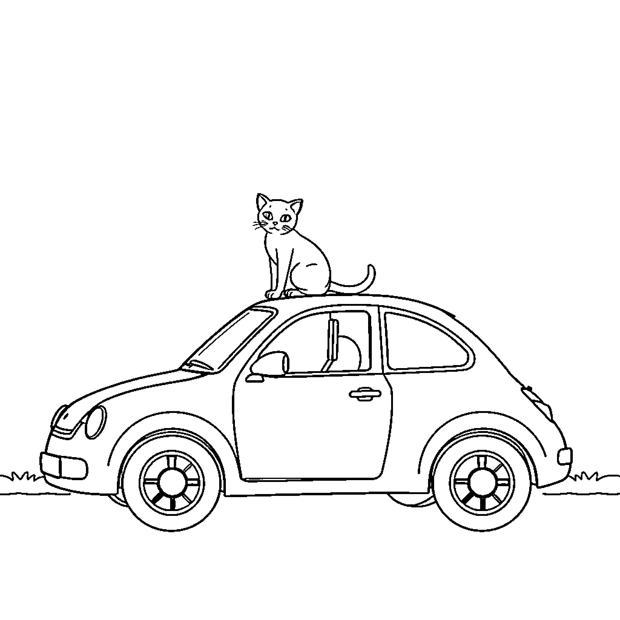 Car with playful cat on the roof Coloring Page (free black-and-white line drawing printable PDF for all, from beginners to advanced learners, including children, teens, adults, and seniors)