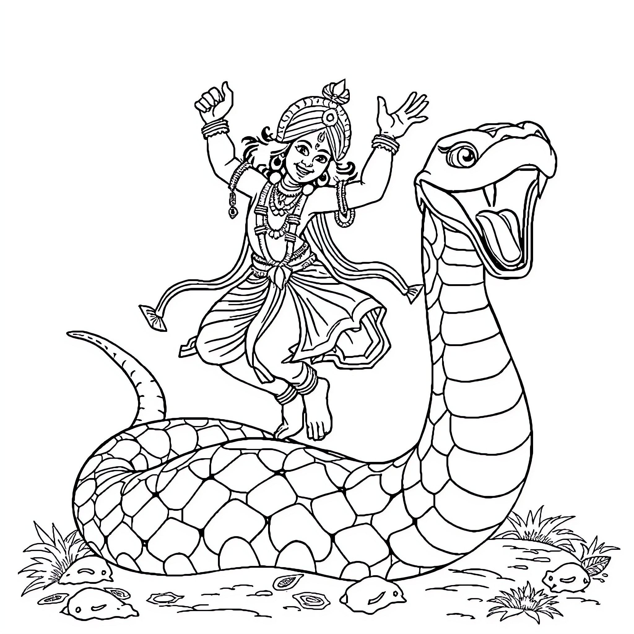 Krishna dancing joyfully with mythical serpent Coloring Page (free black-and-white line drawing printable PDF for all, from beginners to advanced learners, including children, teens, adults, and seniors)