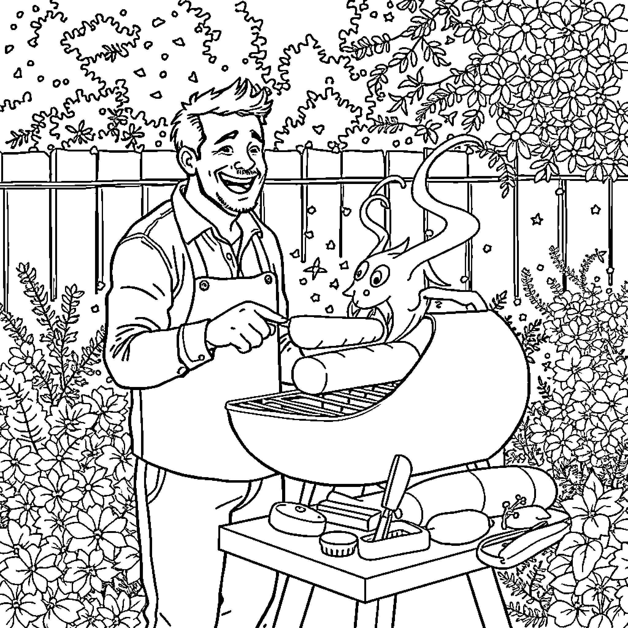 Mann Grilling Outdoors with Joyful Expression Coloring Page (free black-and-white line drawing printable PDF for all, from beginners to advanced learners, including children, teens, adults, and seniors)