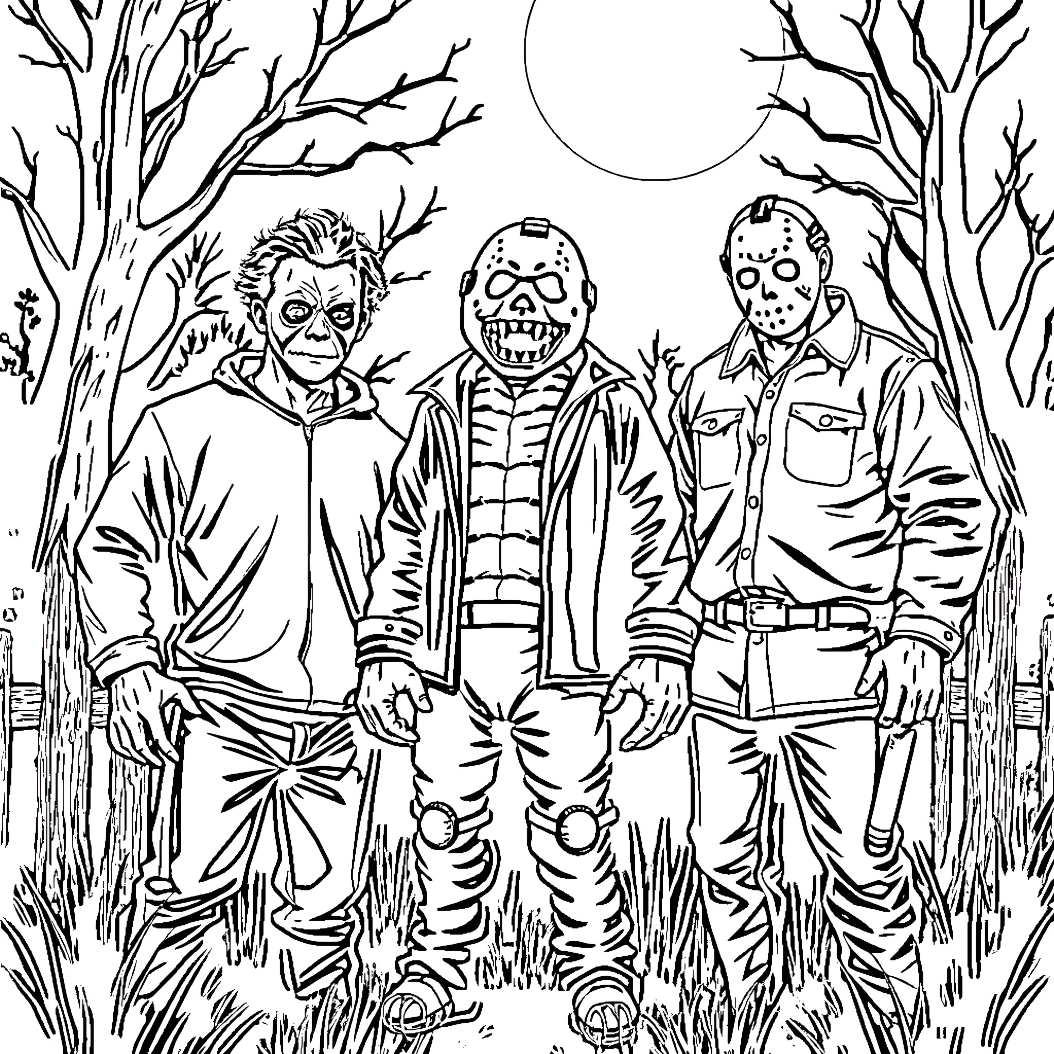 Characters in a Spooky Forest Landscape Coloring Page (free black-and-white line drawing printable PDF for all, from beginners to advanced learners, including children, teens, adults, and seniors)