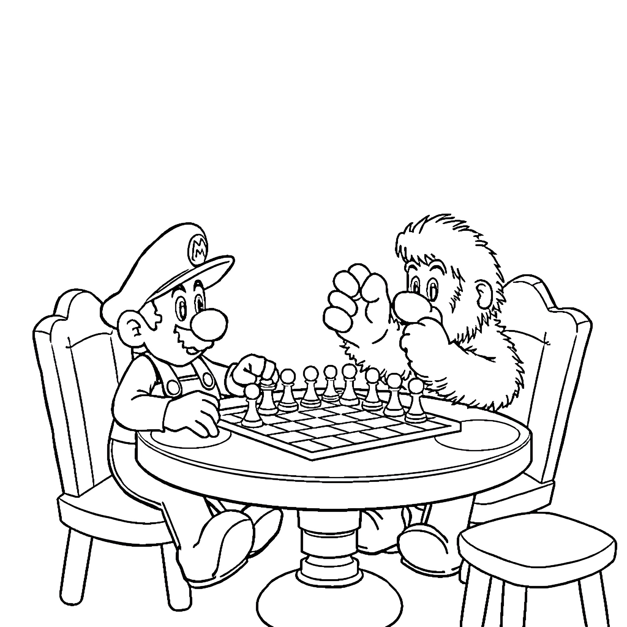 Mario Playing Chess with a Furry Friend Coloring Page (free black-and-white line drawing printable PDF for all, from beginners to advanced learners, including children, teens, adults, and seniors)