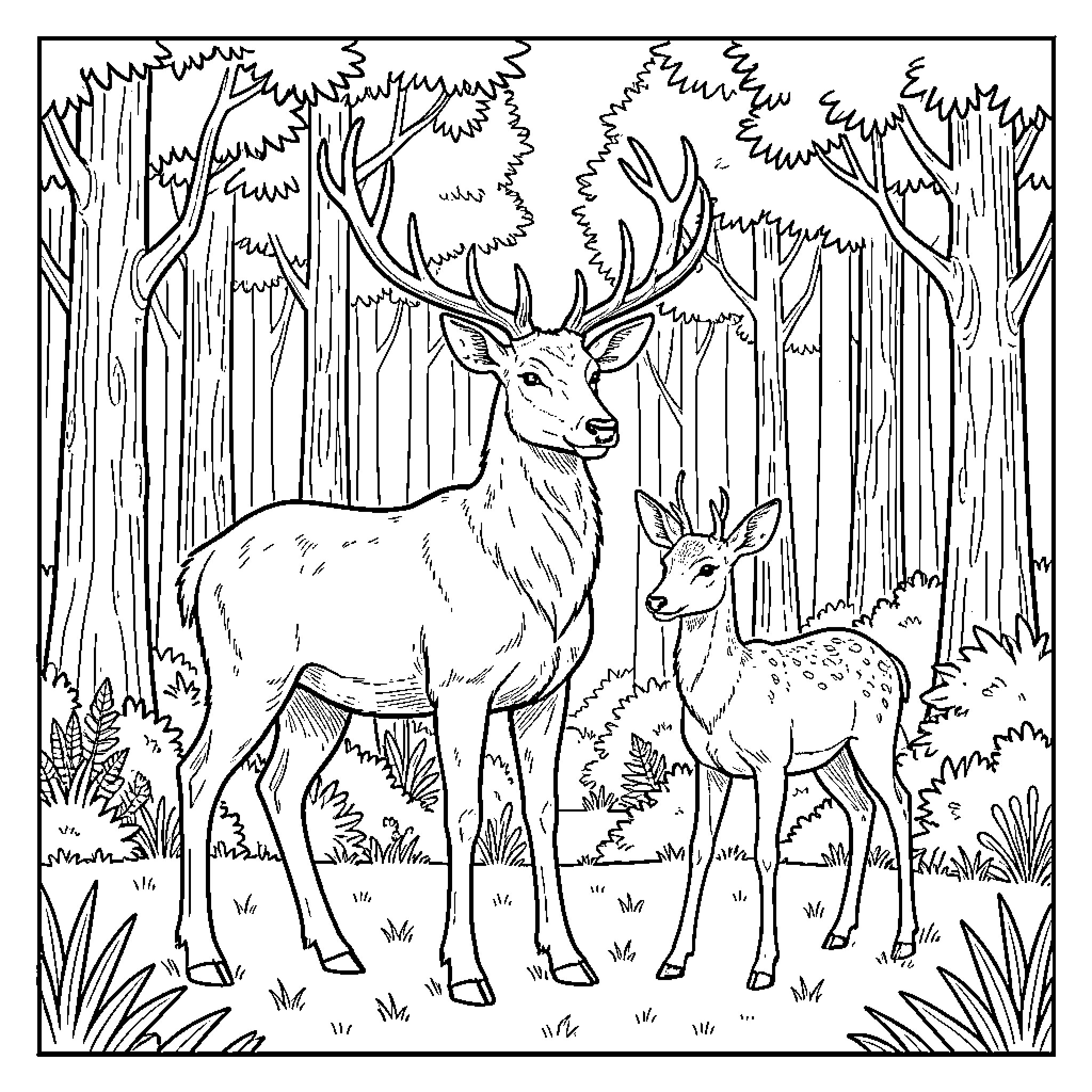 Deer standing together in a lush forest Coloring Page (free black-and-white line drawing printable PDF for all, from beginners to advanced learners, including children, teens, adults, and seniors)
